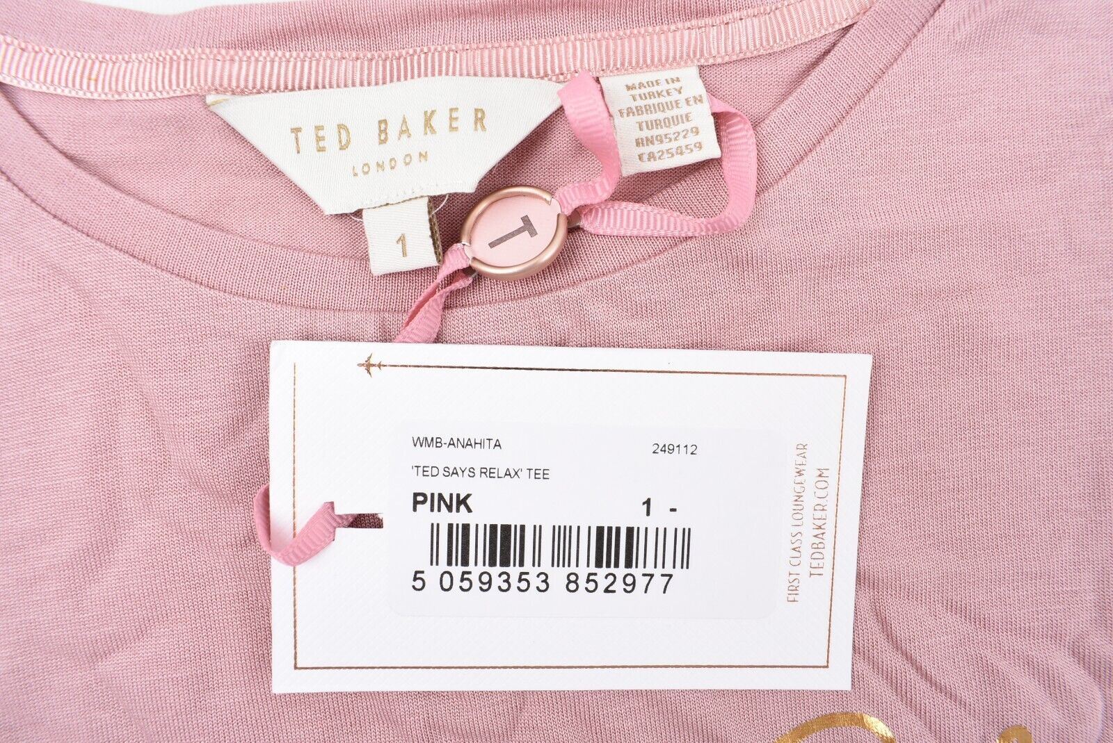 TED BAKER Women's ANAHITA 'Ted Says Relax' Tee, Pink, size S /Ted size 1