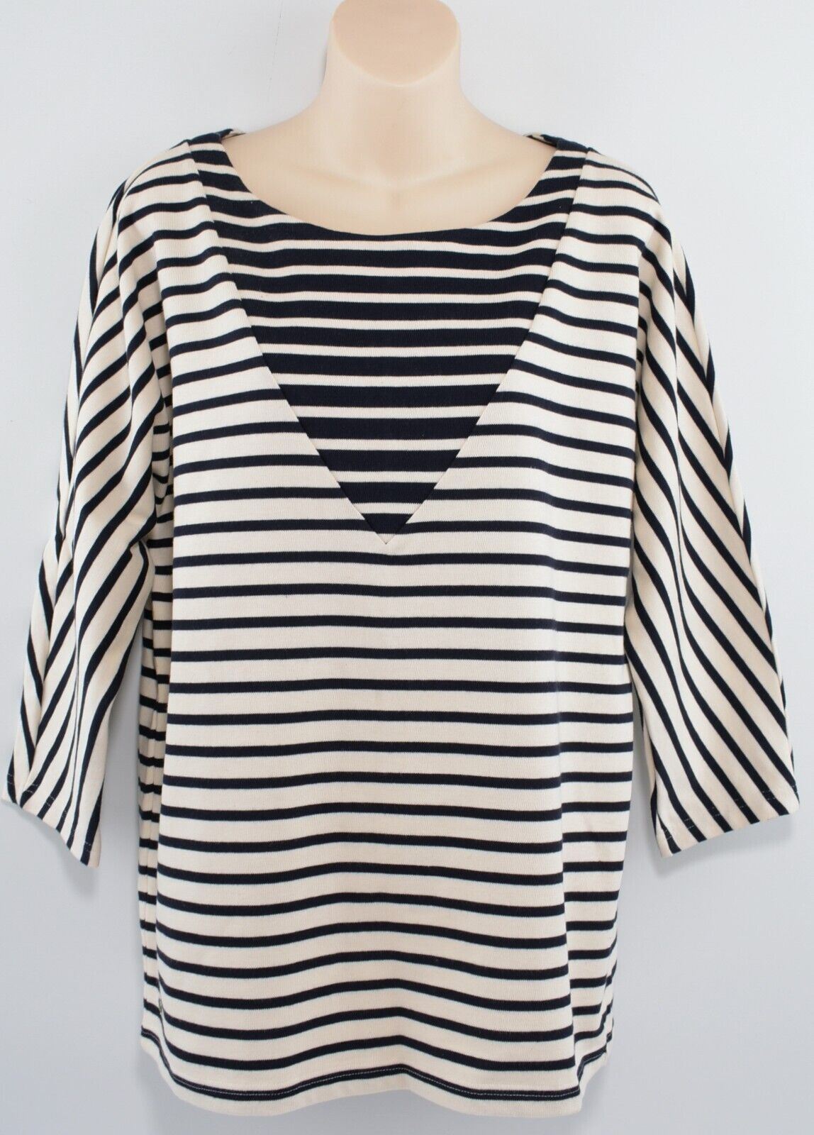 LACOSTE Women's Striped Dropped Shoulder Top, Cream/Navy Blue, size M /EU 40