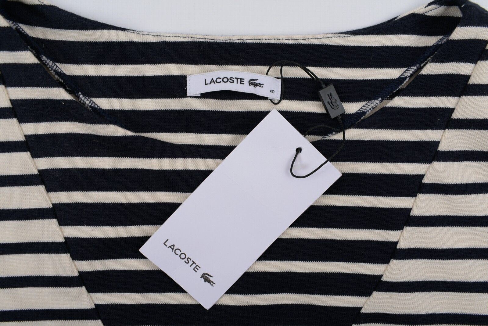 LACOSTE Women's Striped Dropped Shoulder Top, Cream/Navy Blue, size M /EU 40