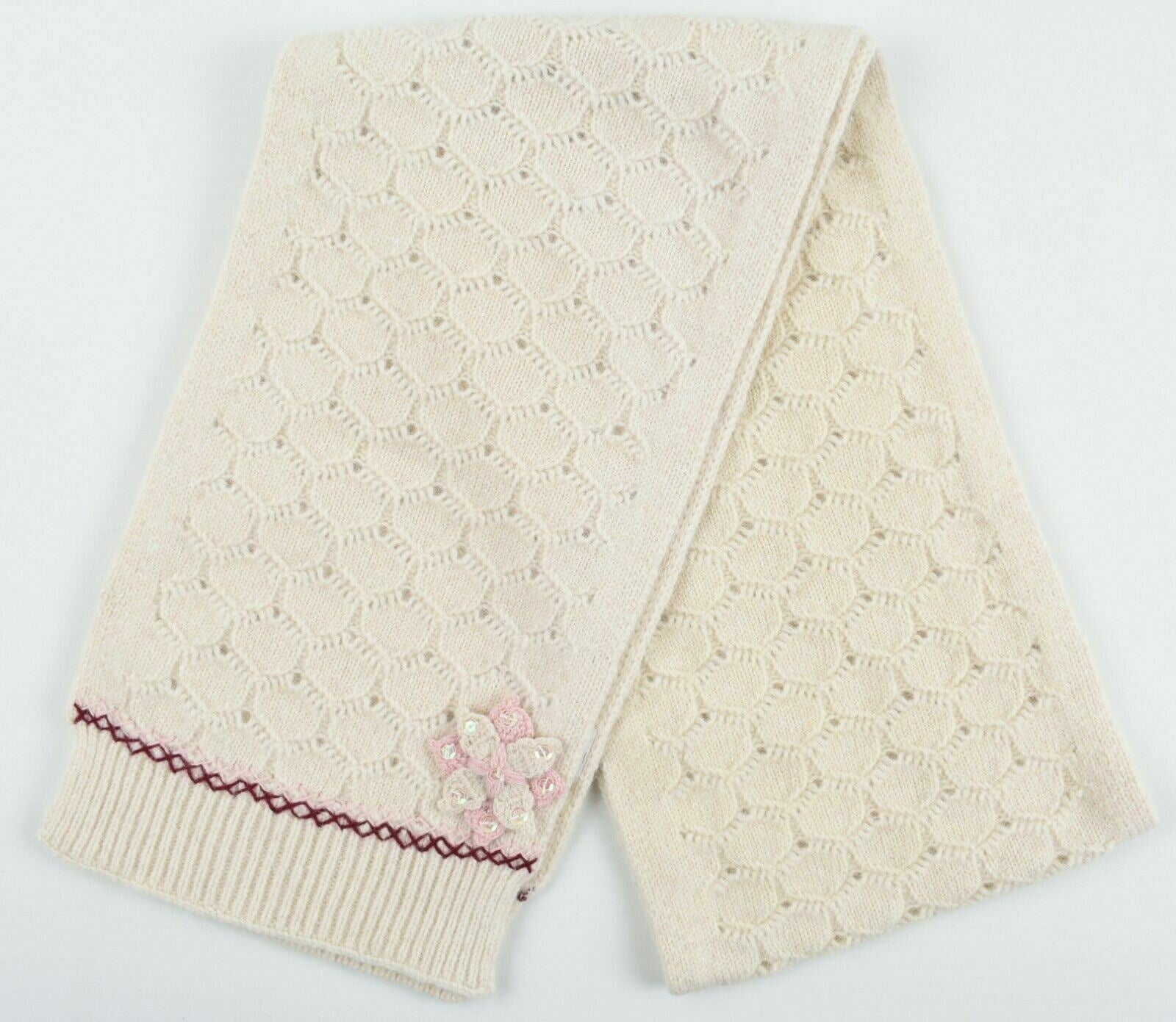 Girl's Kids' Wool Blend Knitted Scarf, Floral Embellishment, Cream, 144x20cm