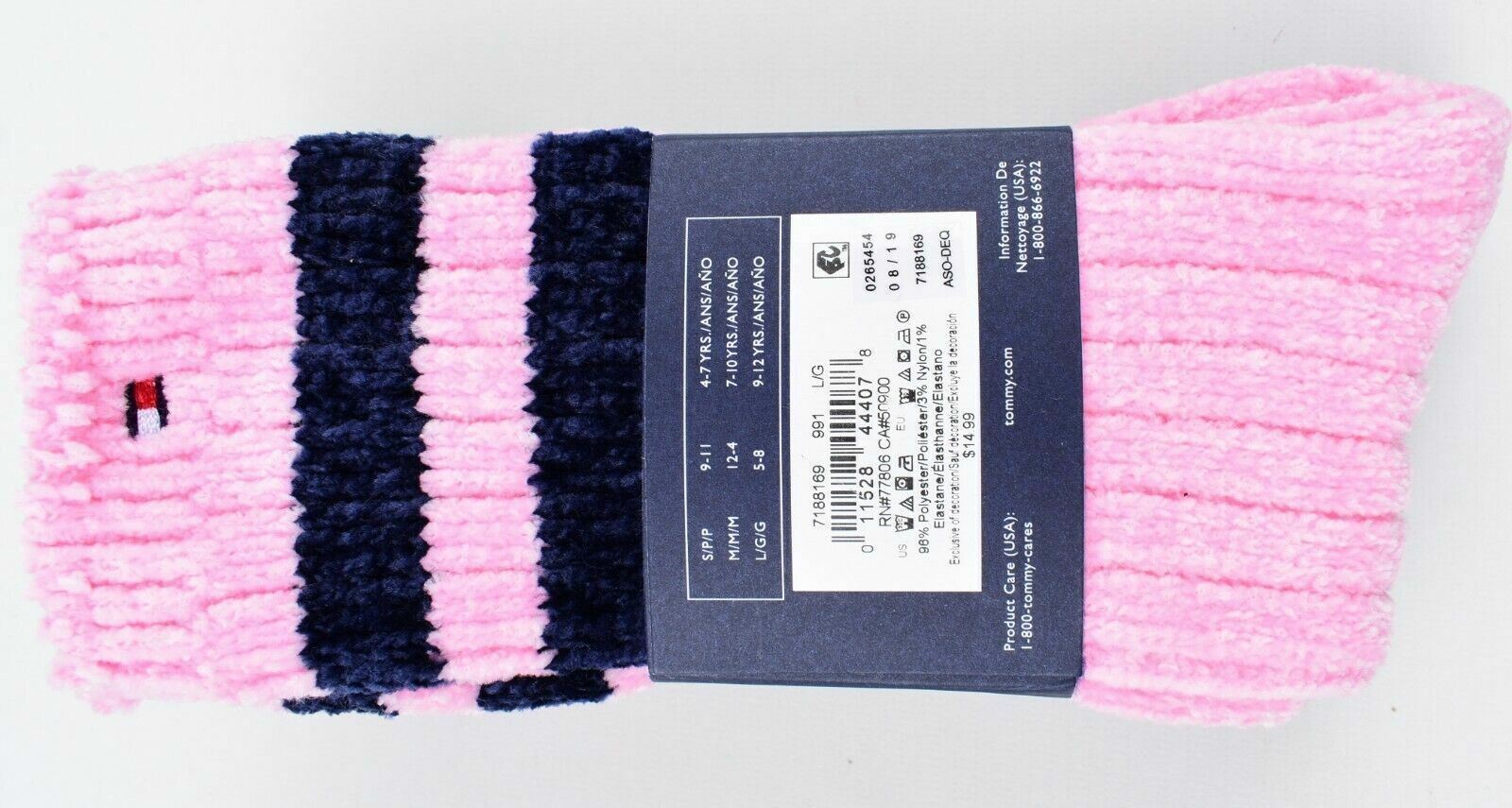 TOMMY HILFIGER 2-pack Girls' Chenille Socks, Navy Blue/Pink, size 7-10 years