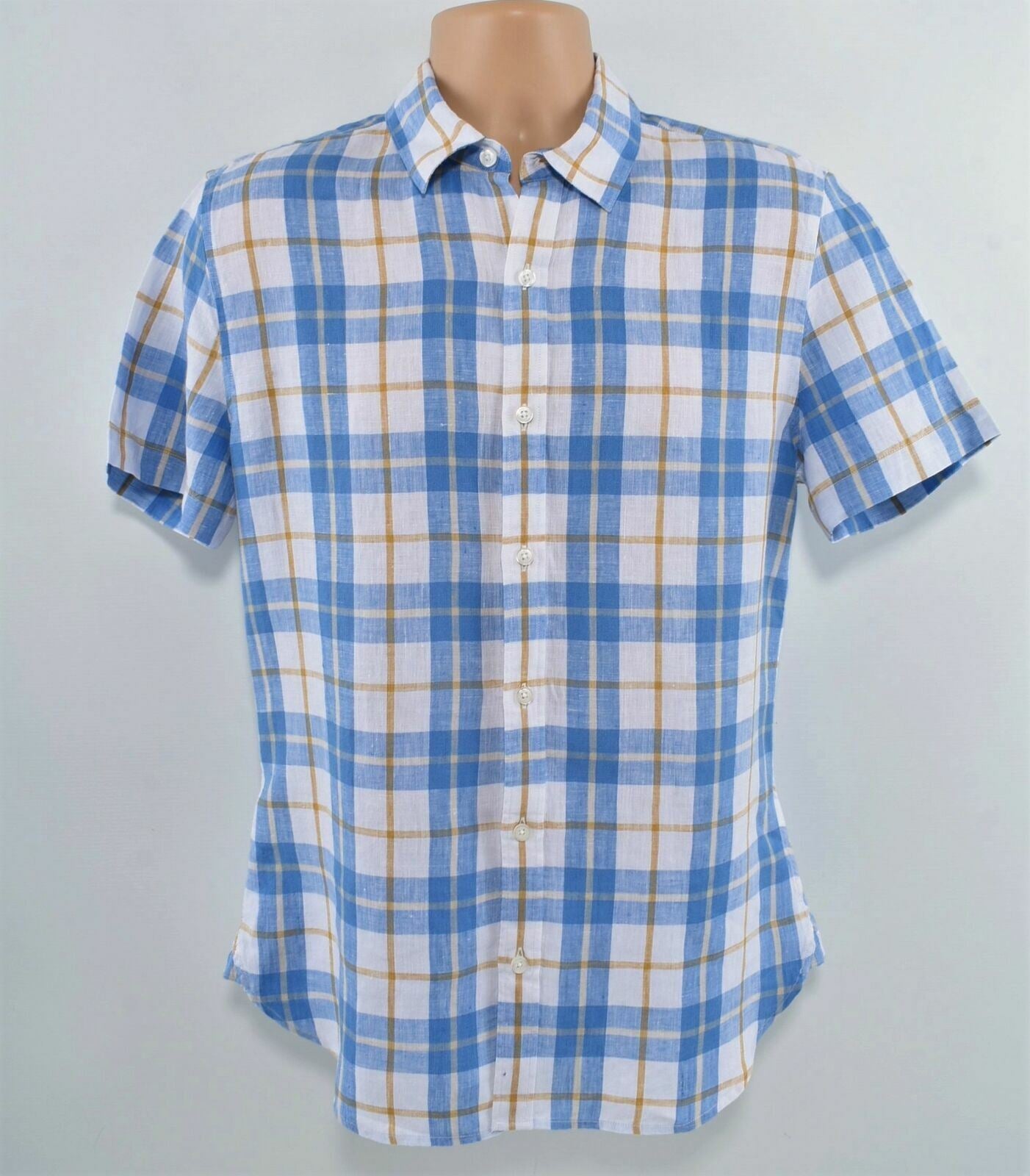 CAMBRIDGE DRY GOODS Men's Blue and White Checked Linen Shirt- Size S