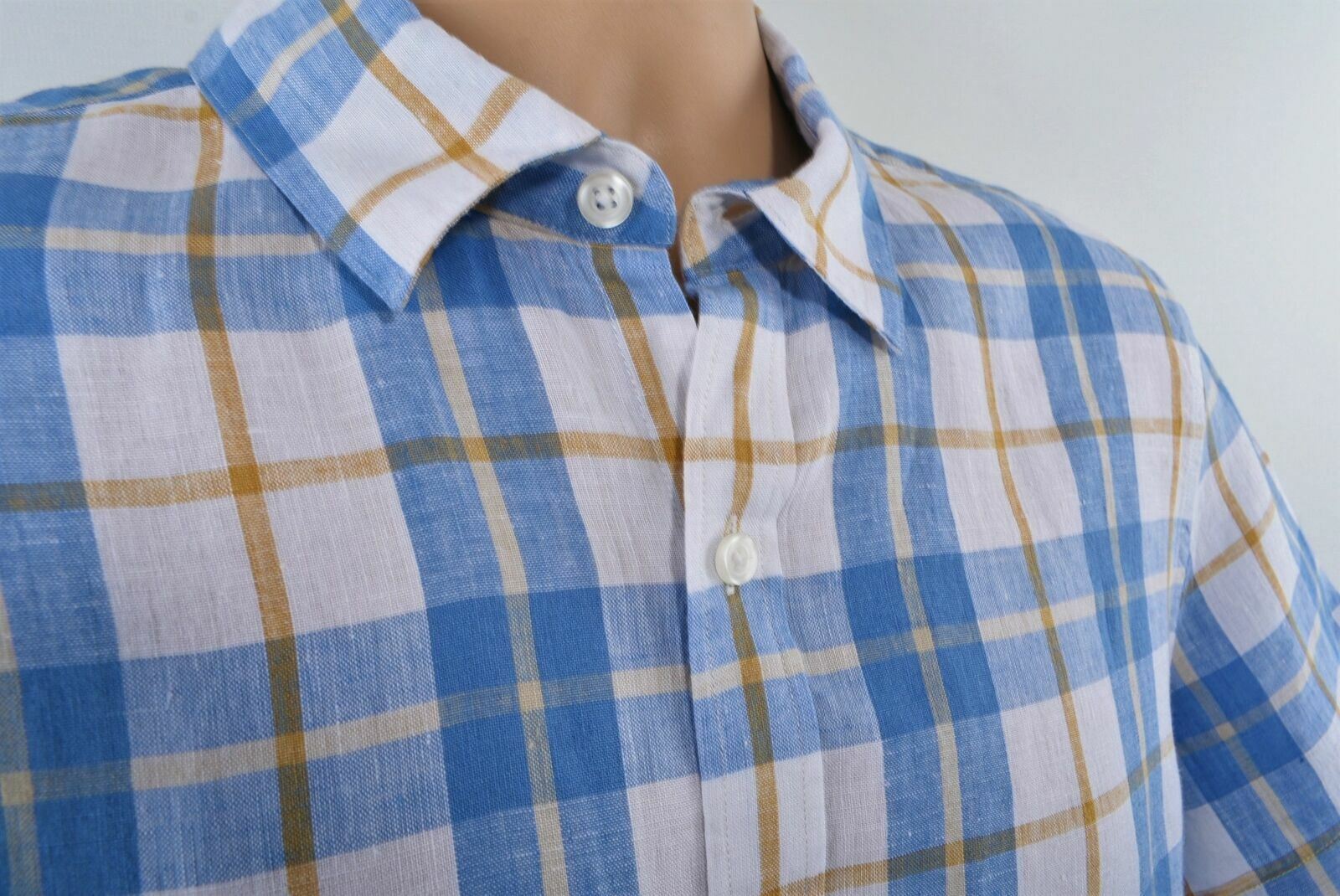 CAMBRIDGE DRY GOODS Men's Blue and White Checked Linen Shirt- Size S