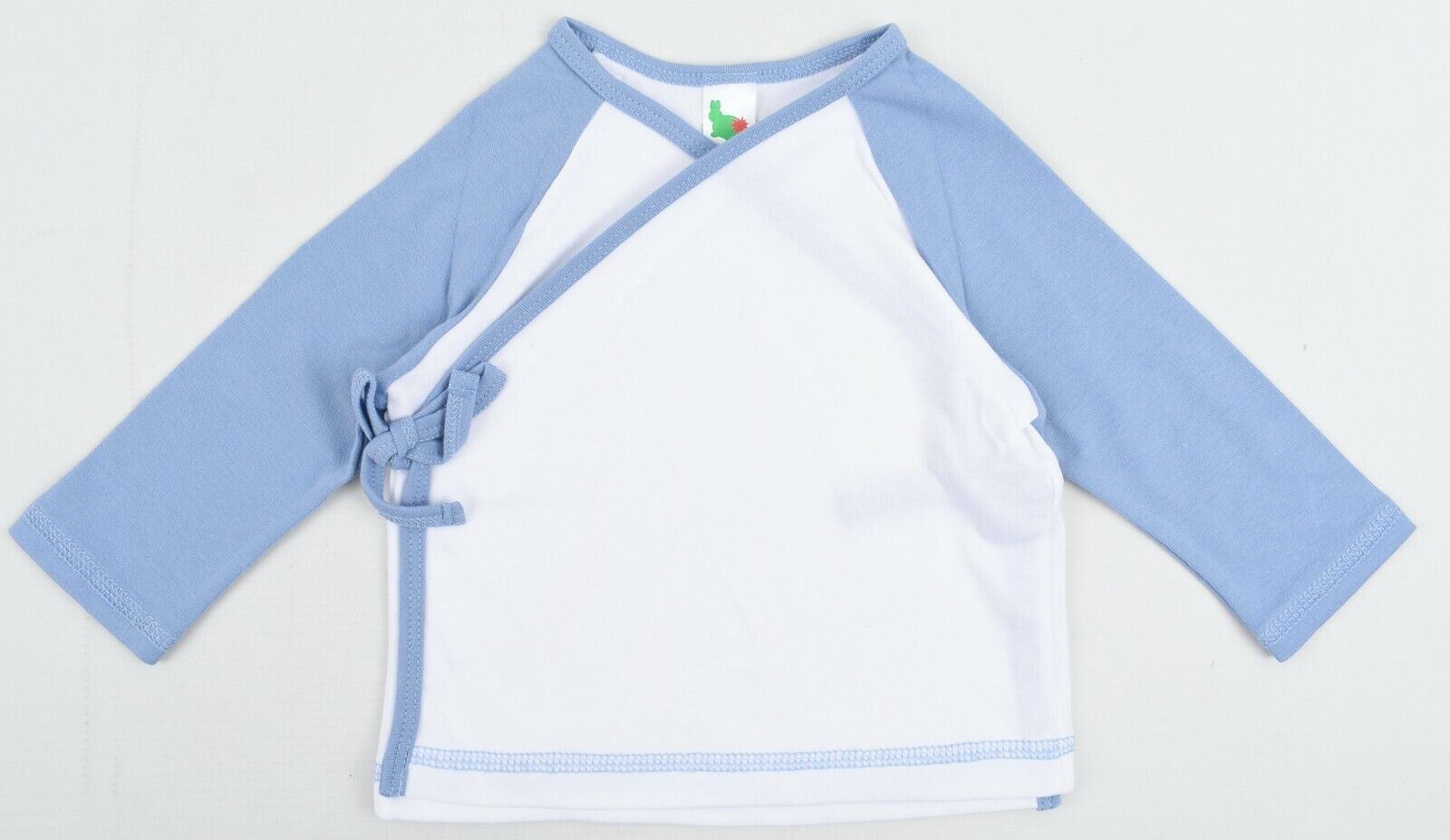 GREEN RABBIT Baby Wrap Around Top, White/Blue, MADE IN UK, size 0-6 months