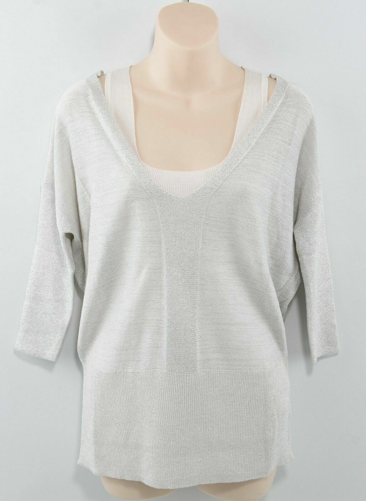NEXT Women's 2-pc Top, Knitted Tank & Off The Shoulder Jumper, Beige/Silver UK 6