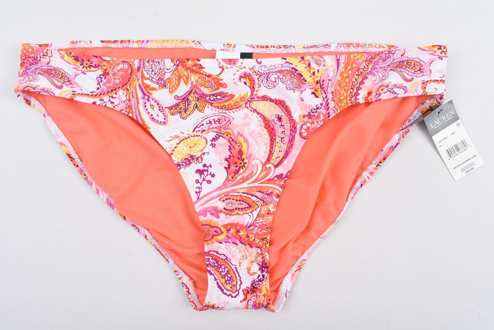 LAUREN RALPH LAUREN Women's Paisley Print Bikini Bottoms, Coral Pink, size UK 20