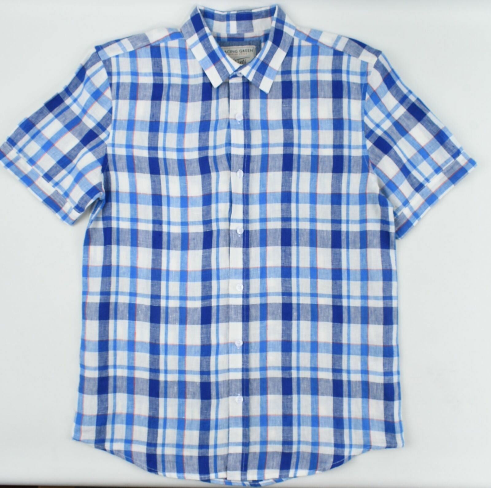 RACING GREEN Men's Blue and White Checked Short Sleeve Linen Shirt Size S