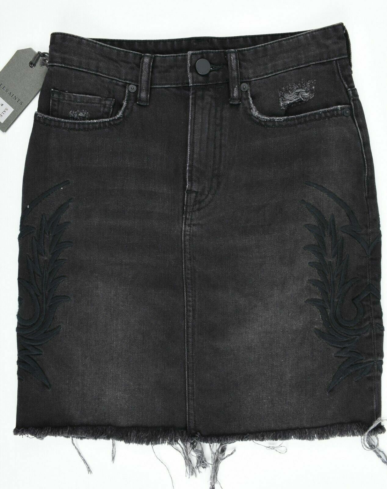 ALLSAINTS Women's PHILLY Embroidered Denim Skirt, Black, size UK 4
