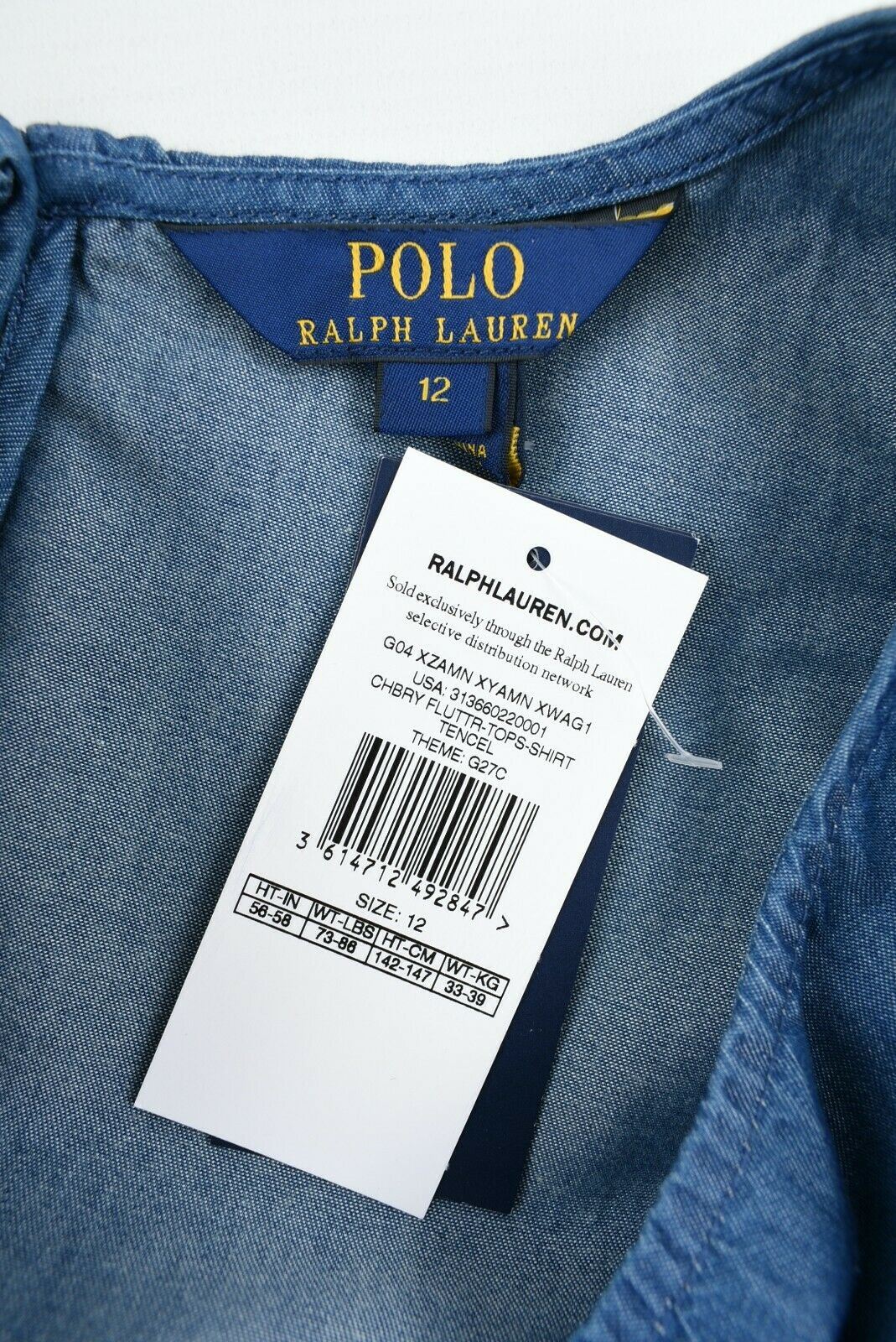 POLO RALPH LAUREN Girls' Blue Chambray Top, Cotton/Tencel, size 12 years