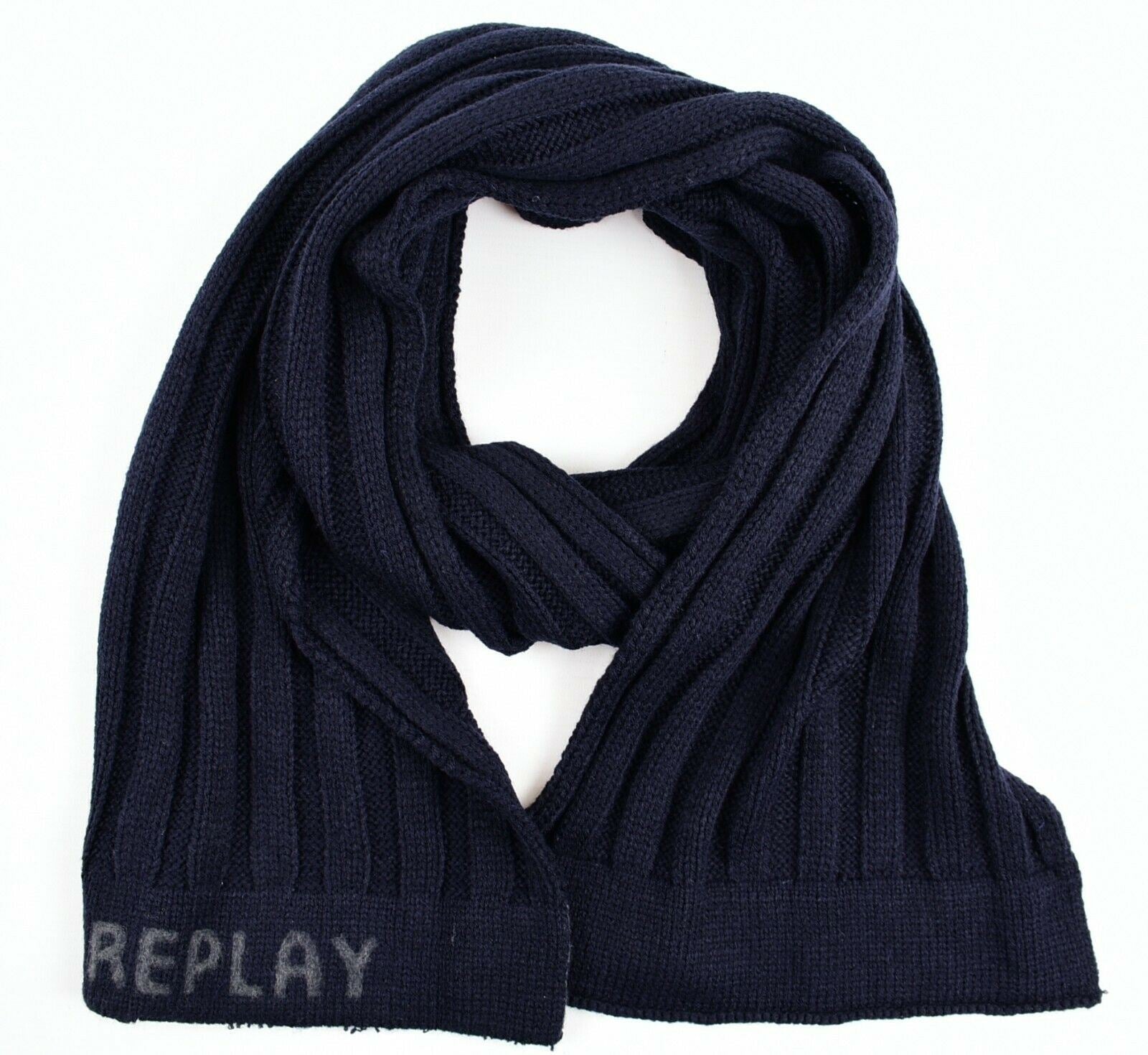 REPLAY Men's Navy Blue Rib Knit Scarf, Acrylic /Wool Blend, Gift Boxed