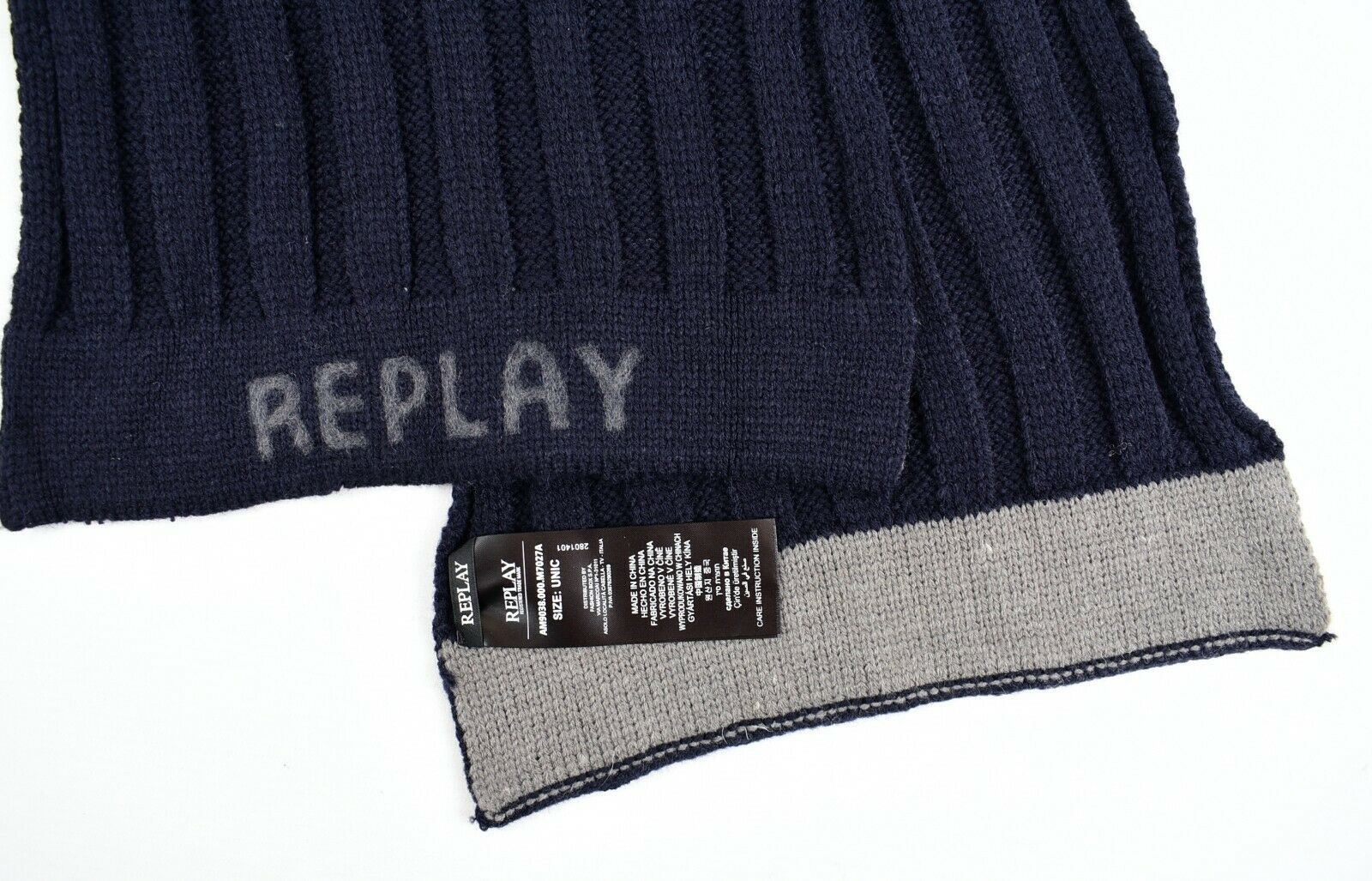 REPLAY Men's Navy Blue Rib Knit Scarf, Acrylic /Wool Blend, Gift Boxed