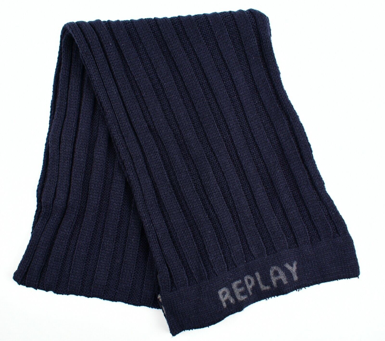 REPLAY Men's Navy Blue Rib Knit Scarf, Acrylic /Wool Blend, Gift Boxed