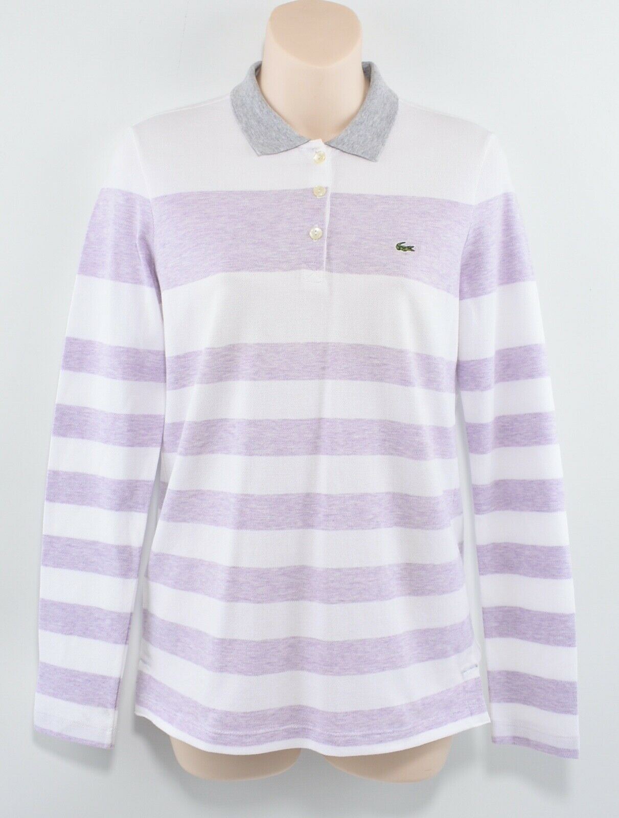 LACOSTE Women's White & Lilac Stripes Long Sleeve Collared Top, size S