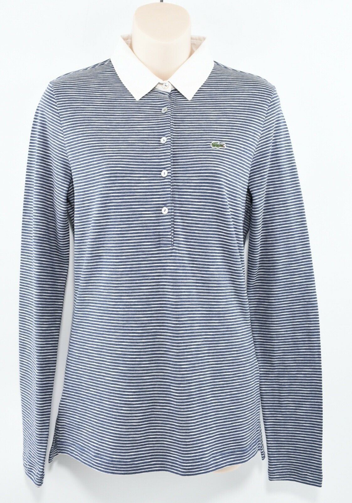 LACOSTE Women's White & Navy Blue Striped Long Sleeve Collared Top, size S