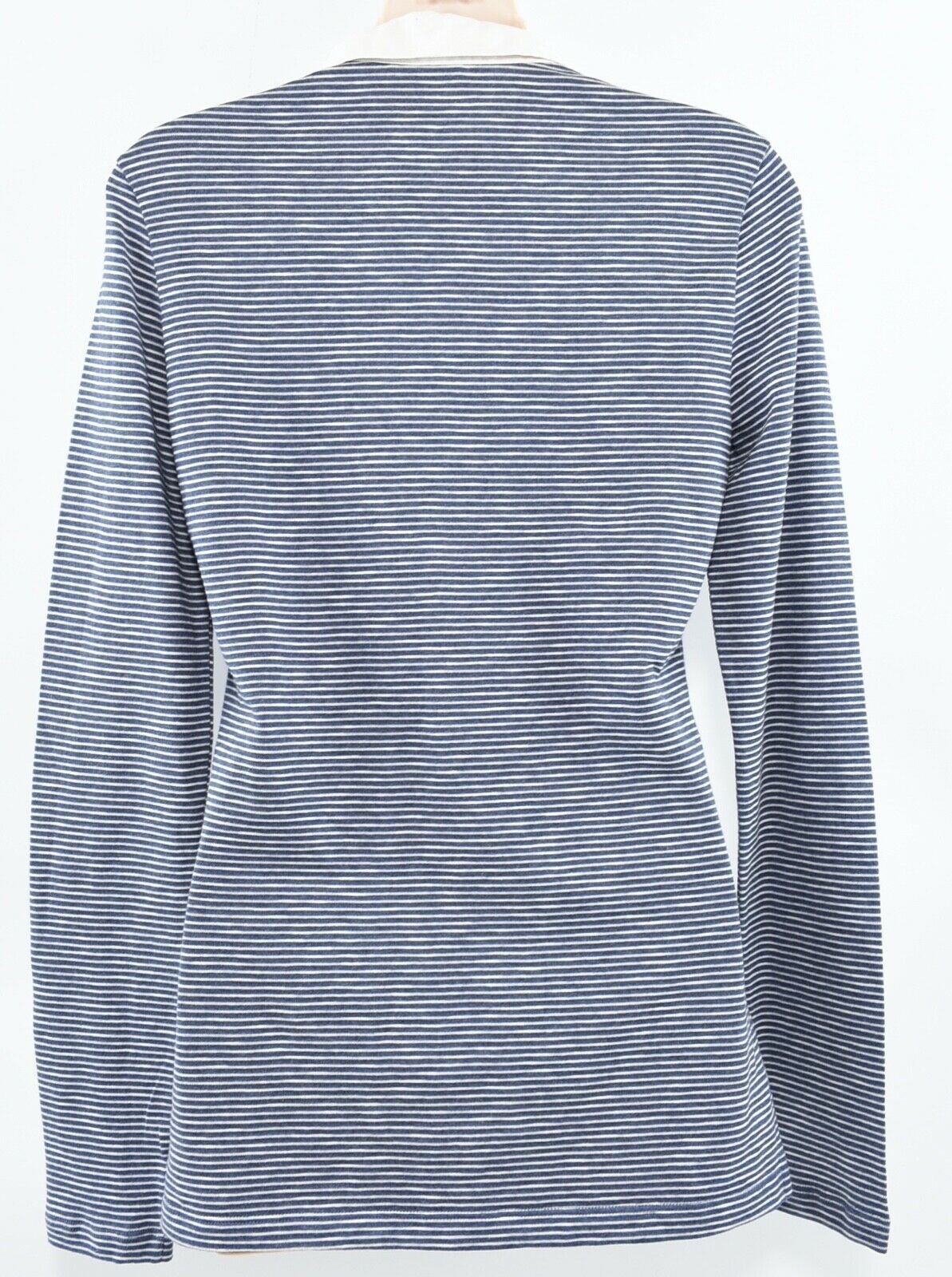 LACOSTE Women's White & Navy Blue Striped Long Sleeve Collared Top, size S