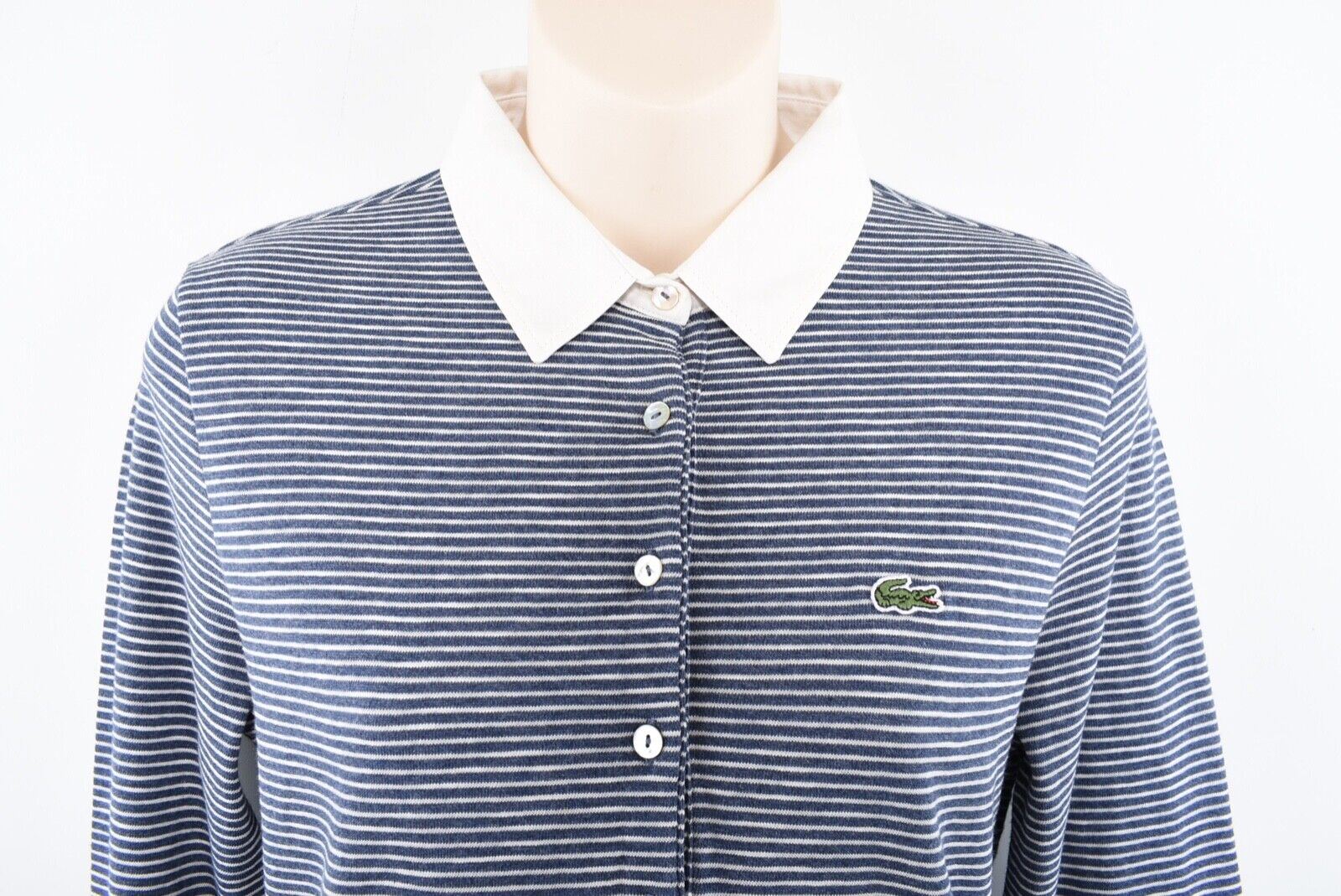 LACOSTE Women's White & Navy Blue Striped Long Sleeve Collared Top, size S