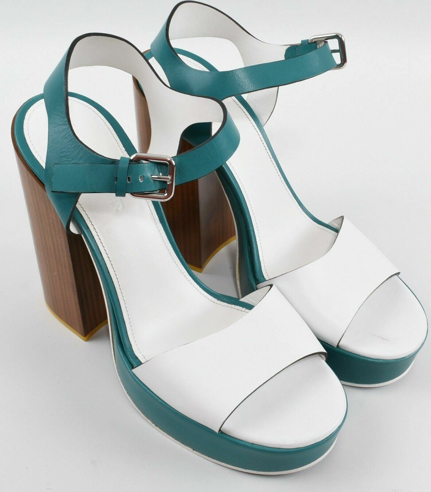JIL SANDER Women's Block Heel Platform Sandals, Shoes, White/Green, UK 7 /EU 40