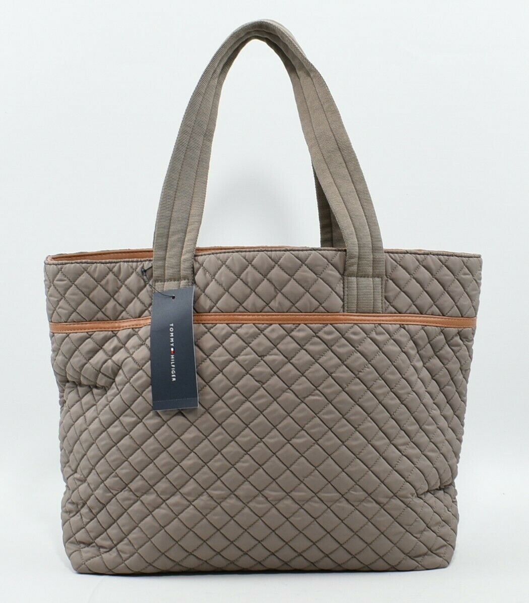 TOMMY HILFIGER Quilted Nylon Tote Bag, Shoulder Bag, Khaki