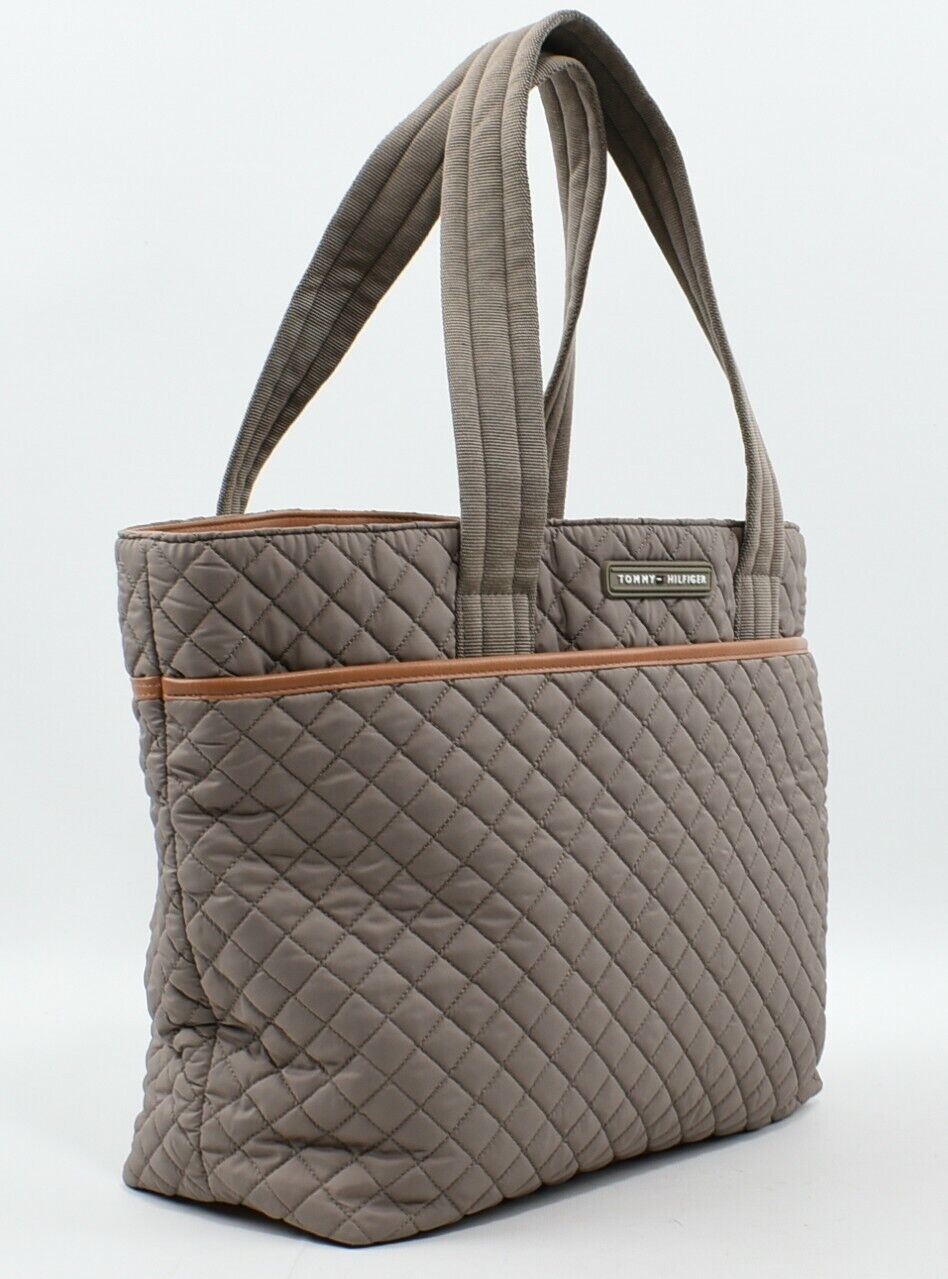 TOMMY HILFIGER Quilted Nylon Tote Bag, Shoulder Bag, Khaki