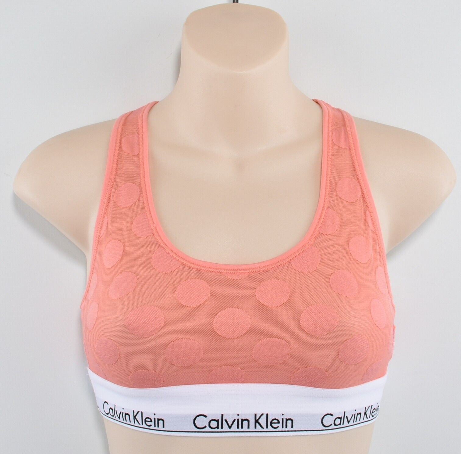 CALVIN KLEIN Women's Coral Pink Big Dots Mesh Bralette, size L (UK 14)