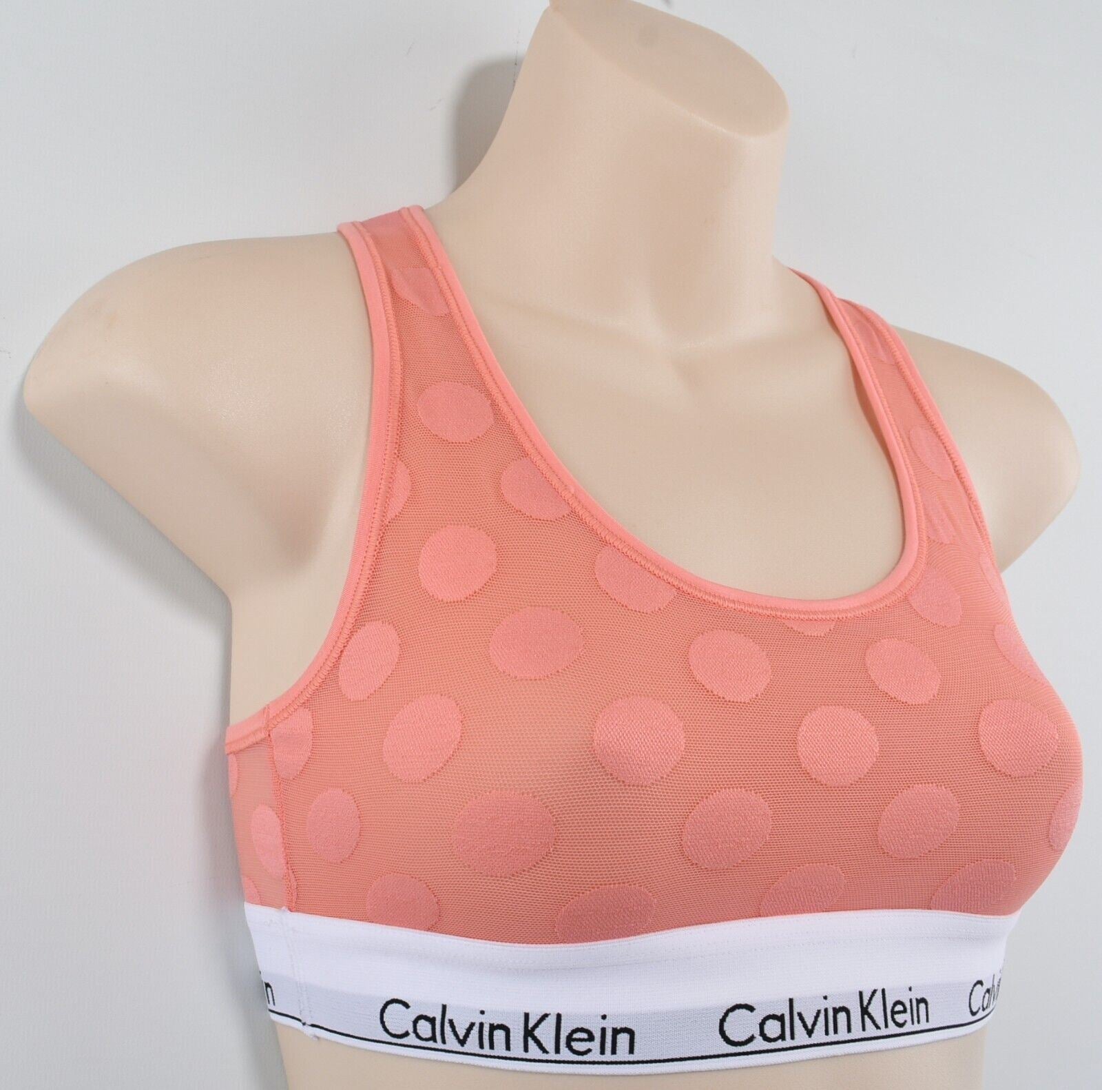 CALVIN KLEIN Women's Coral Pink Big Dots Mesh Bralette, size L (UK 14)