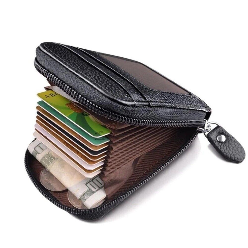 GENUINE LEATHER Men's Zip Around Card Holder - Small Wallet, Black