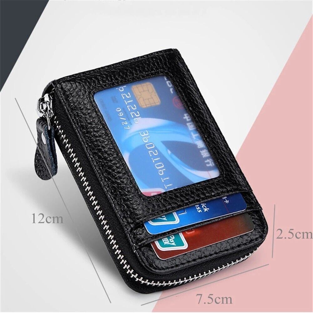 GENUINE LEATHER Men's Zip Around Card Holder - Small Wallet, Black