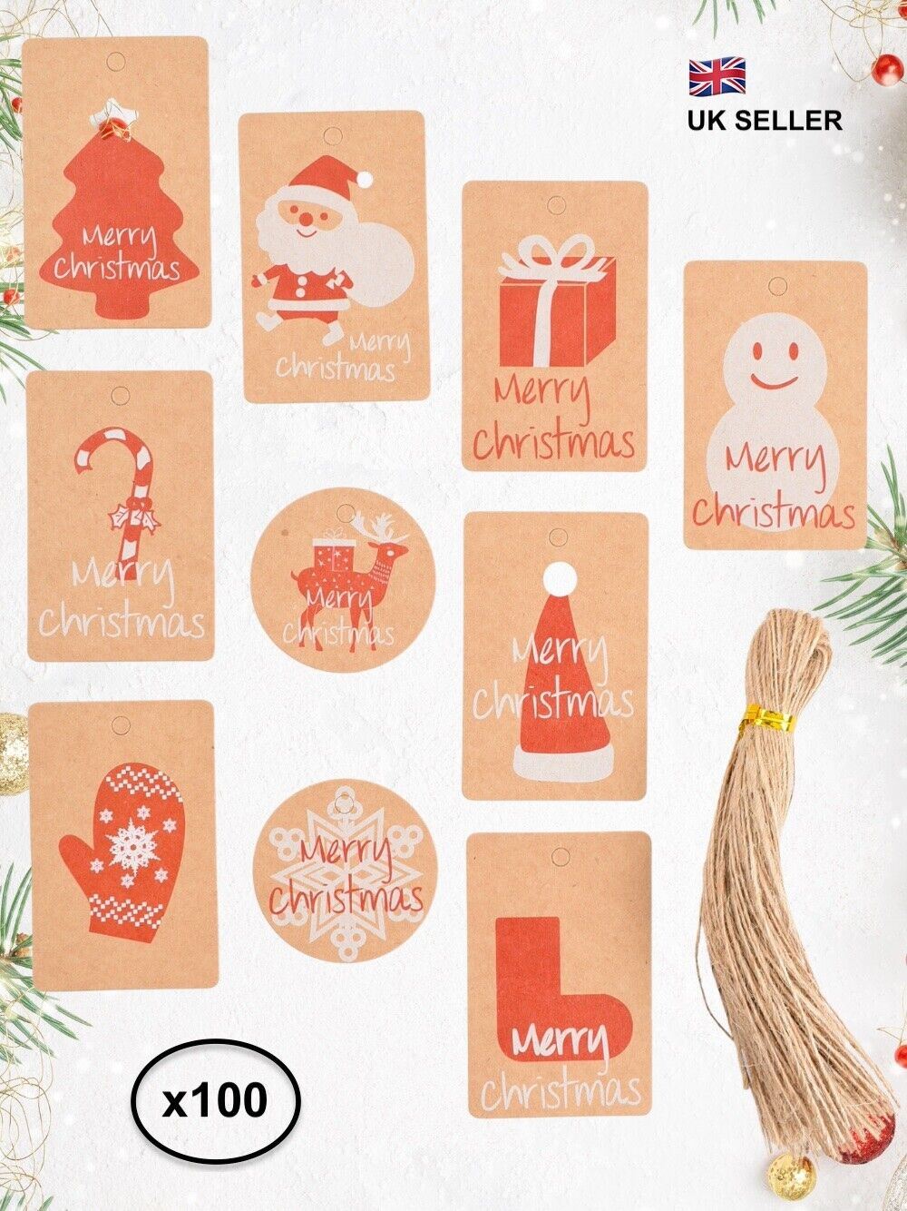 100pcs (10x10 Designs) Brown/Red Christmas Gift Tags with Jute Strings 7x4.5cm