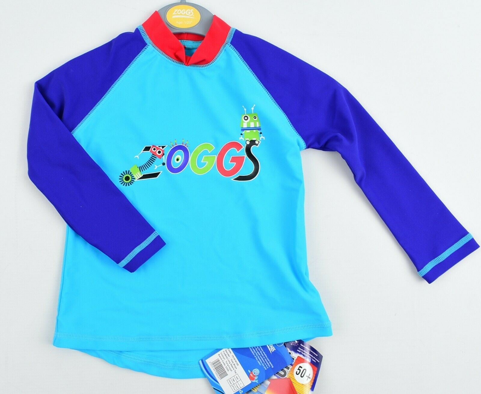 ZOGGS Boy's Long Sleeve Sun Top with UPF 50+, Rash Guard, Blue, size 1-2 years