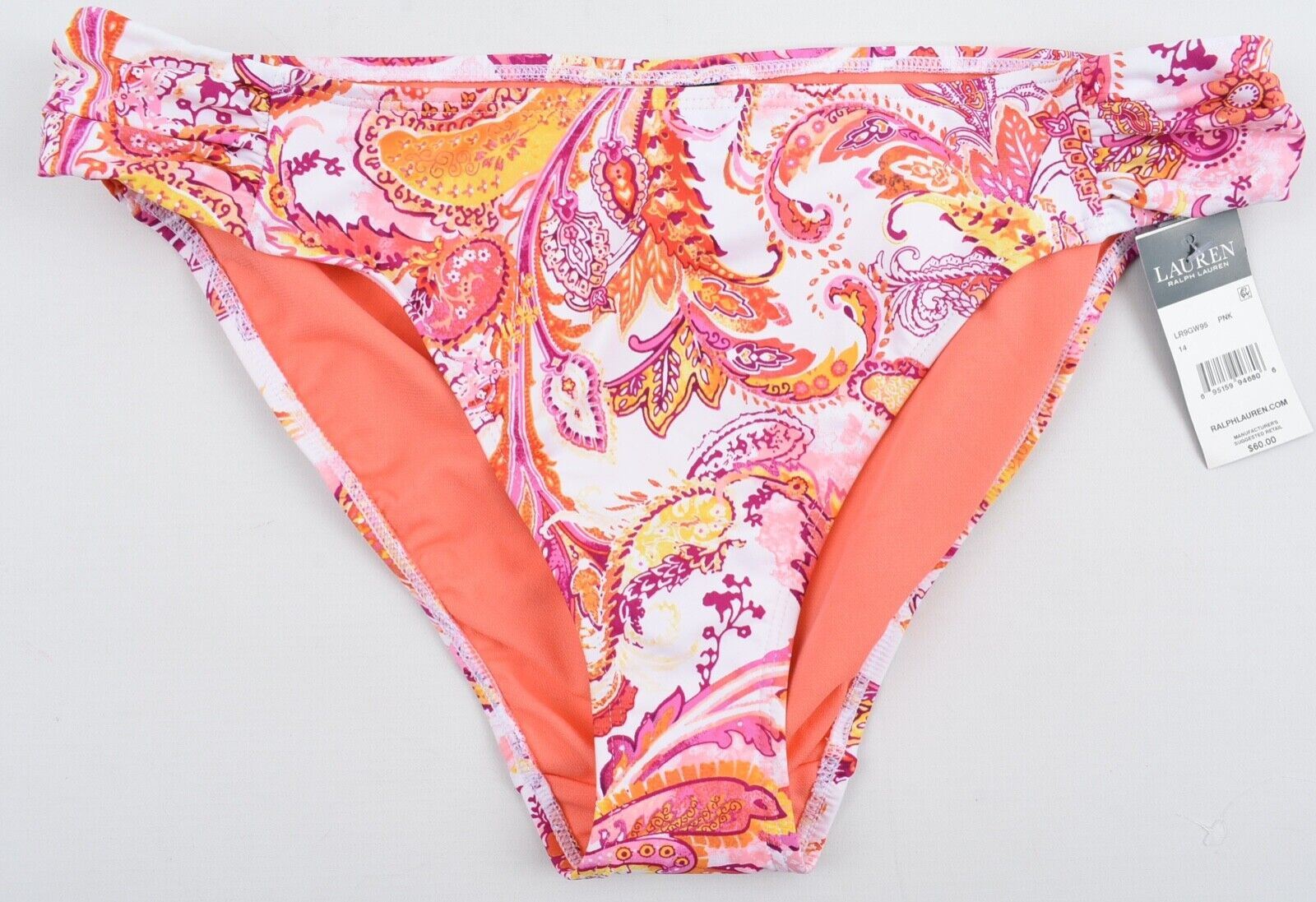 LAUREN RALPH LAUREN Women's Paisley Print Bikini Bottoms, Coral Pink, size UK 18