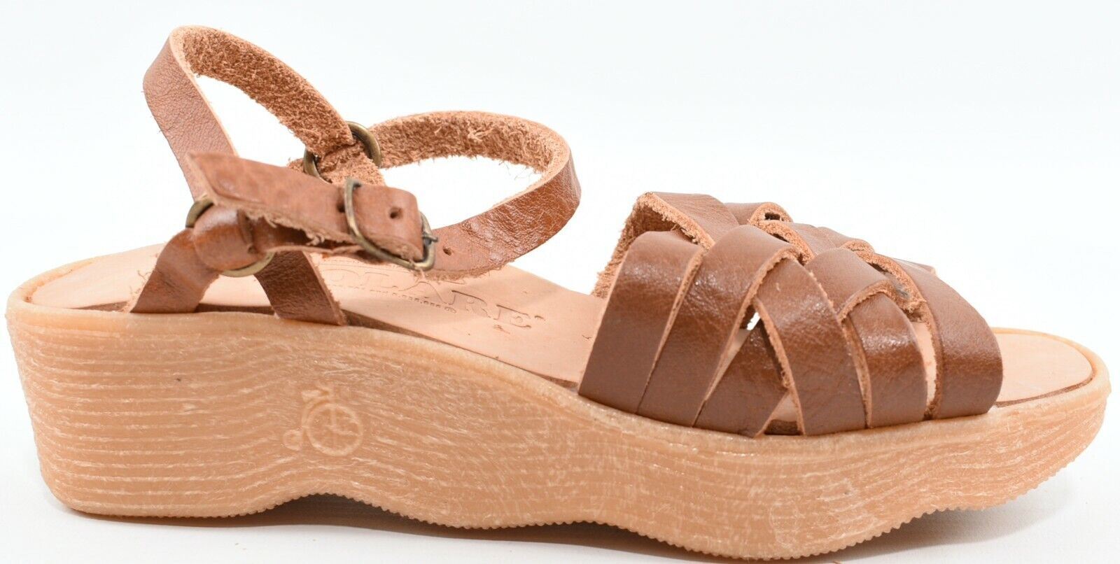 FAMOLARE Women's Genuine Leather Small Wedge Sandals - Tan Brown size UK 3.5