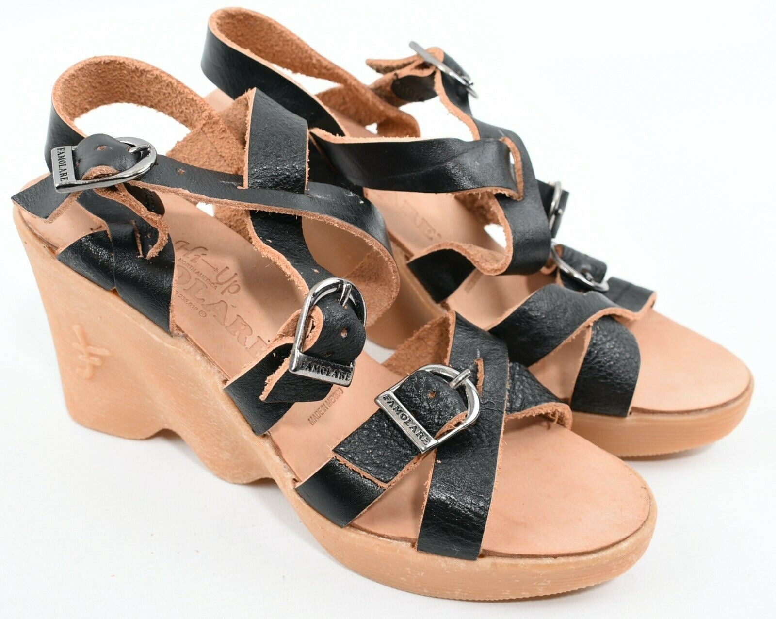 FAMOLARE Women's Black Strappy Leather Wedge Sandals, size UK 4.5