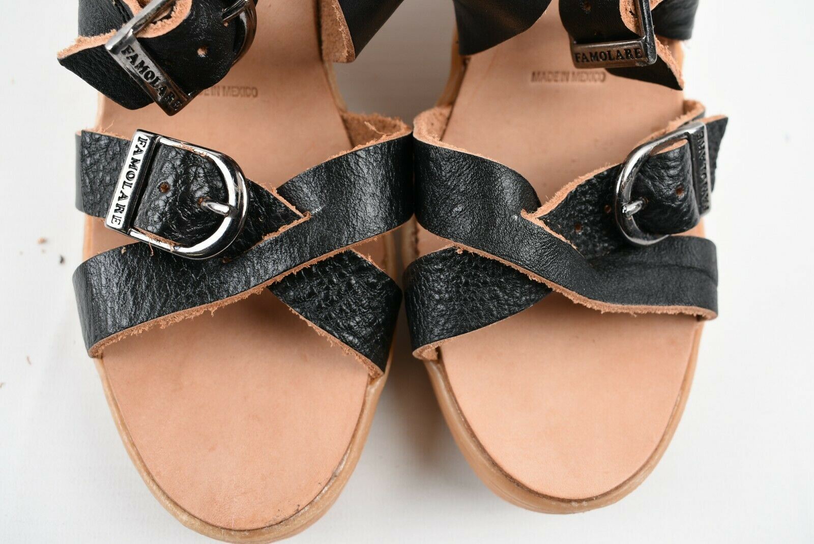 FAMOLARE Women's Black Strappy Leather Wedge Sandals, size UK 4.5