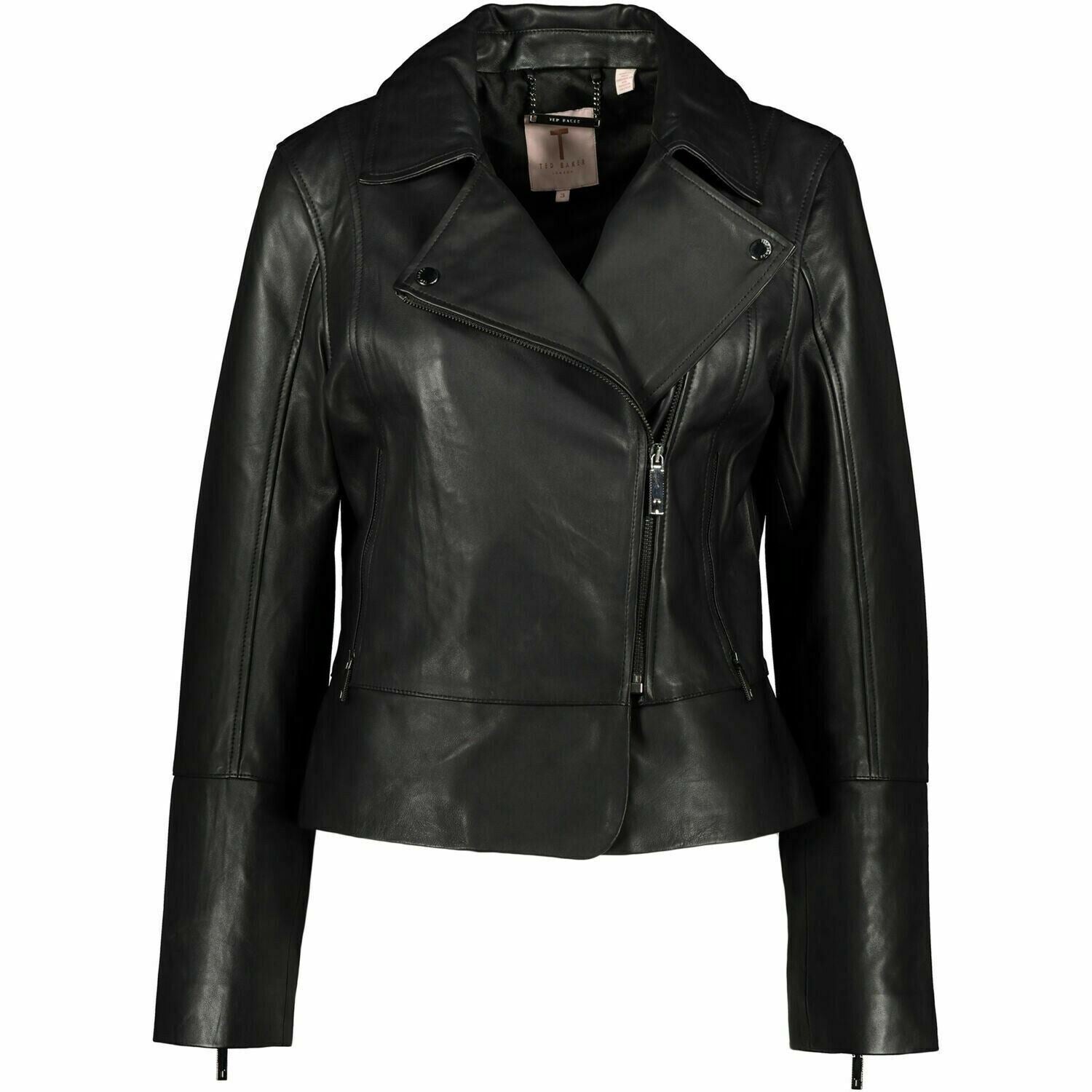 TED BAKER Women's CAYODE Biker Jacket Genuine Leather Black UK 10 Slim Fit