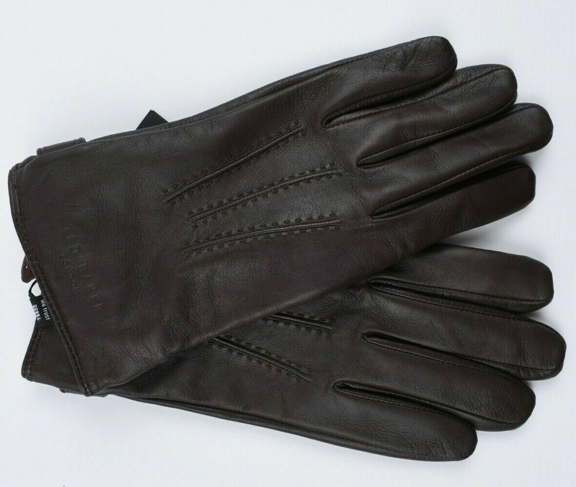 TED BAKER Mens Core Stitch Chocolate Brown Leather Gloves, size Small label S/M