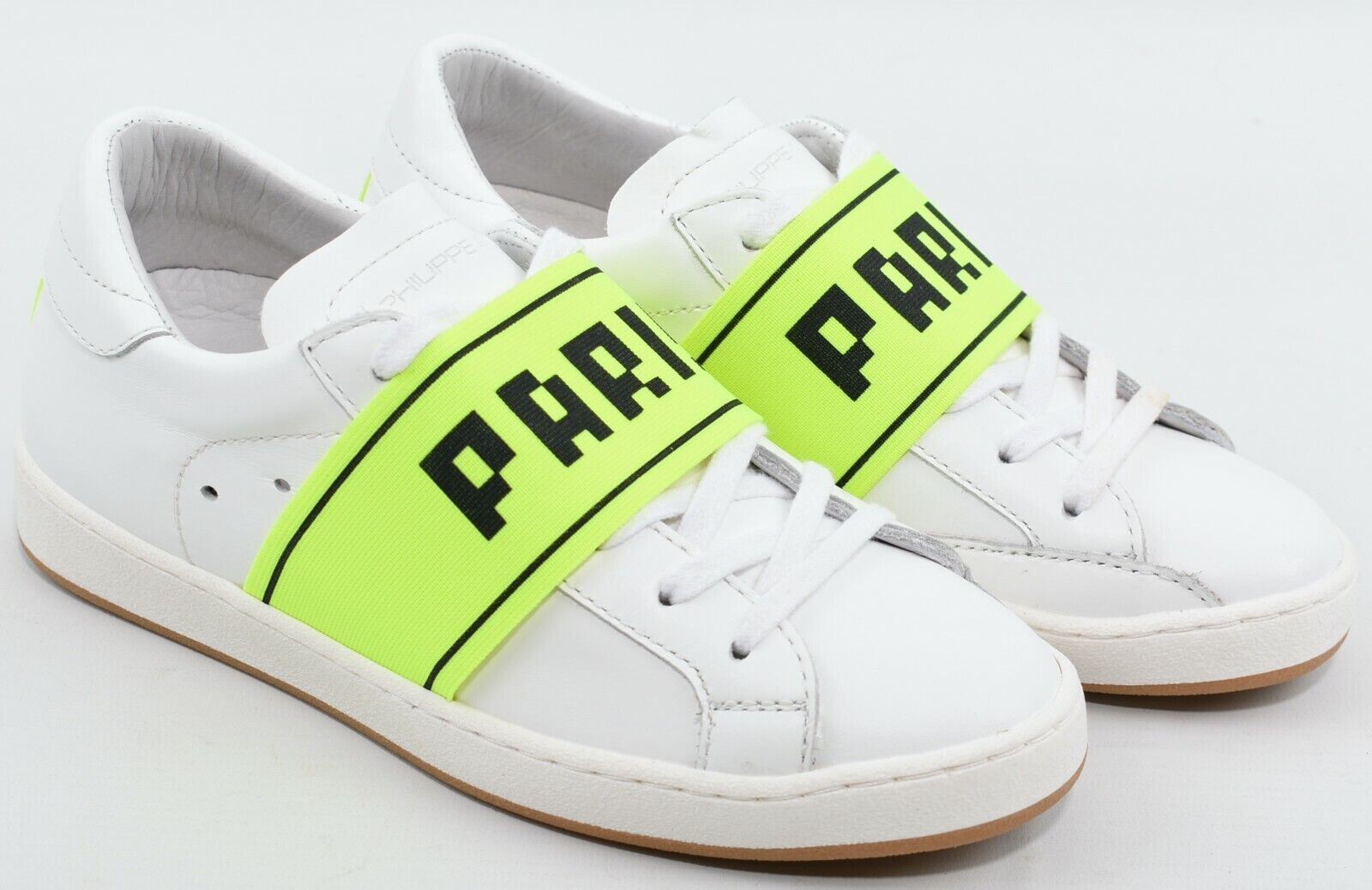 PHILIPPE MODEL Women's White/Neon Green Leather Trainers, Wedge Heel, size UK 3