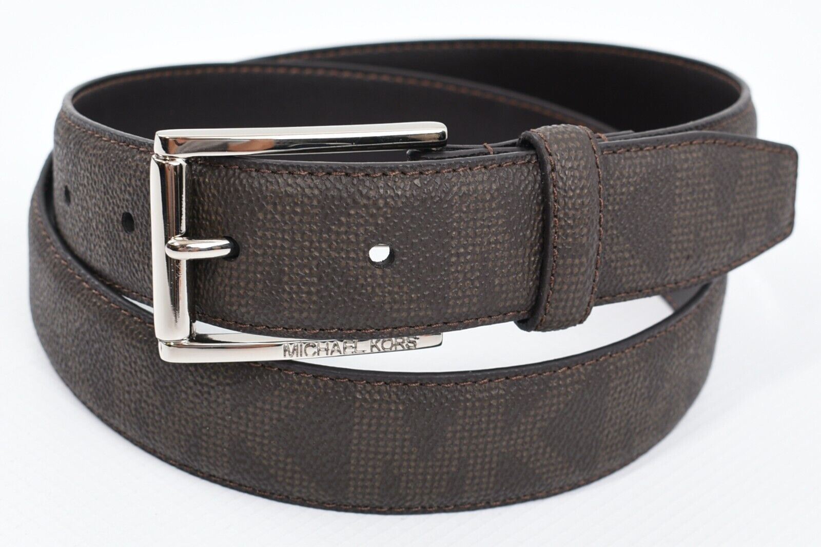 MICHAEL KORS Men's Faux Leather Monogram Belt, Brown, 1.25" wide, size 32
