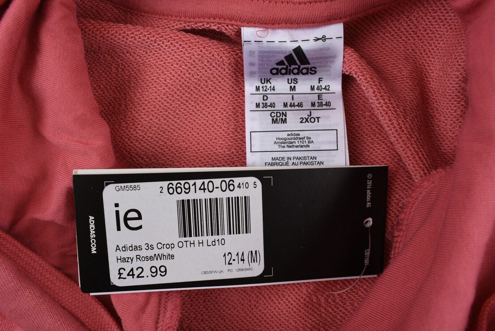 ADIDAS Women's Cropped 3 Stripe Logo Hoodie, Hazy Rose (pink), size M /UK 12-14