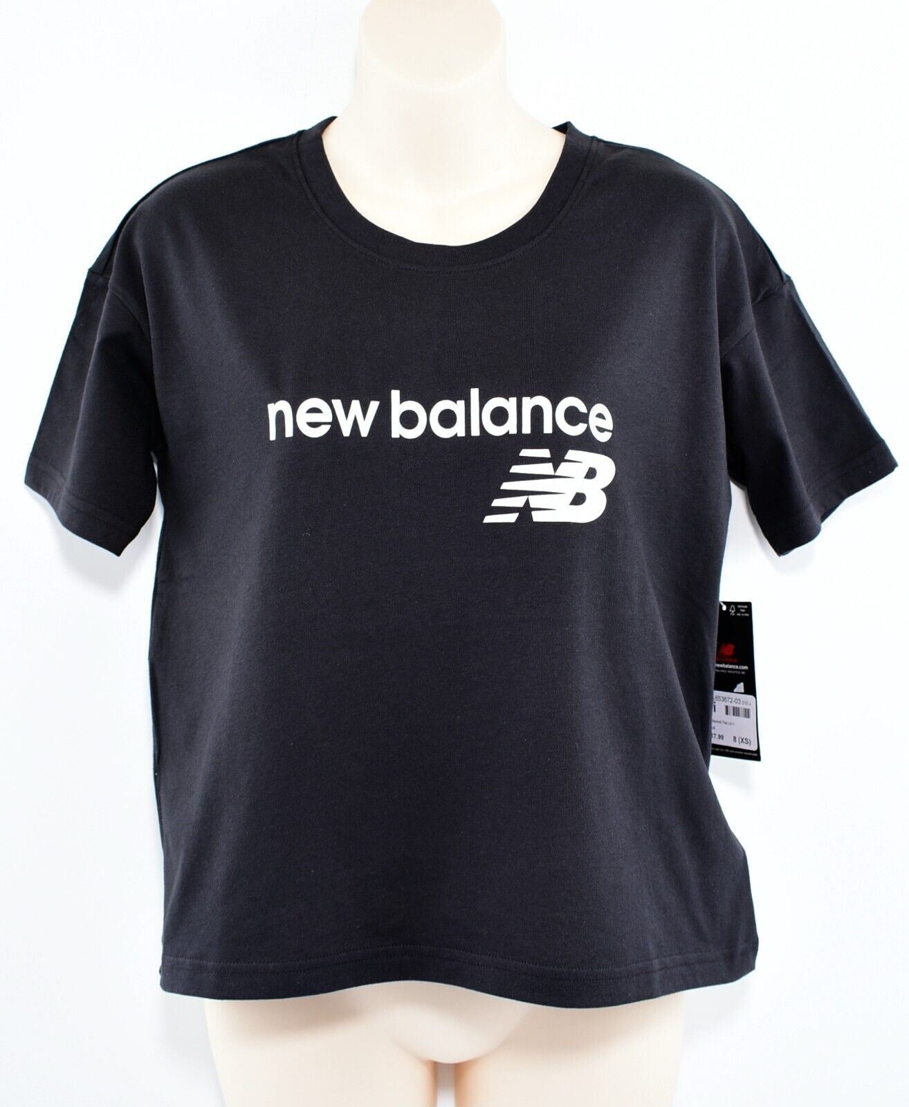 NEW BALANCE Women's Stacked Logo Cropped Relaxed Tee, Black, size XS (UK 8)