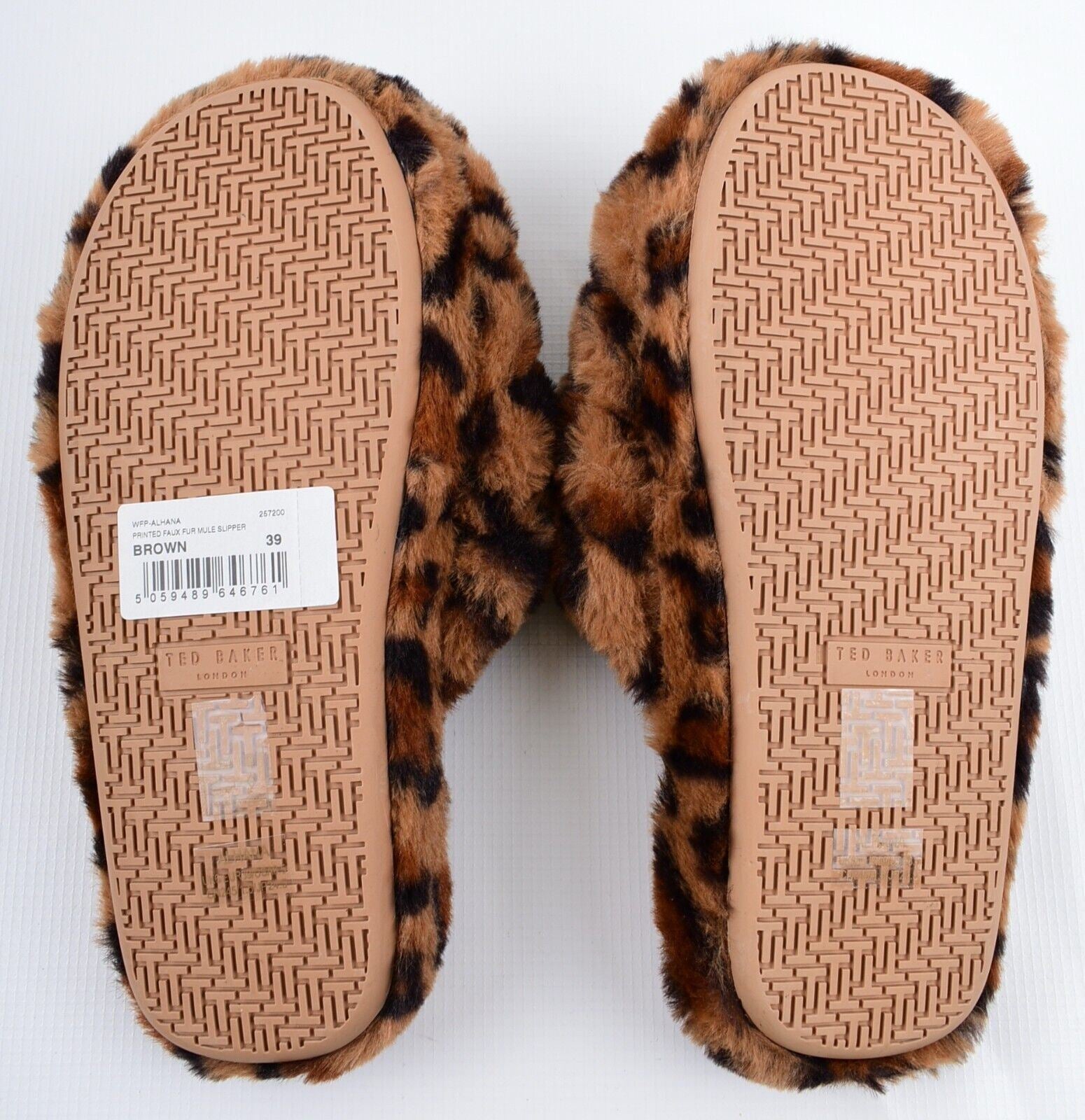 TED BAKER Women's ALHANA Faux Fur Leopard Design Slippers, Brown, size UK 6