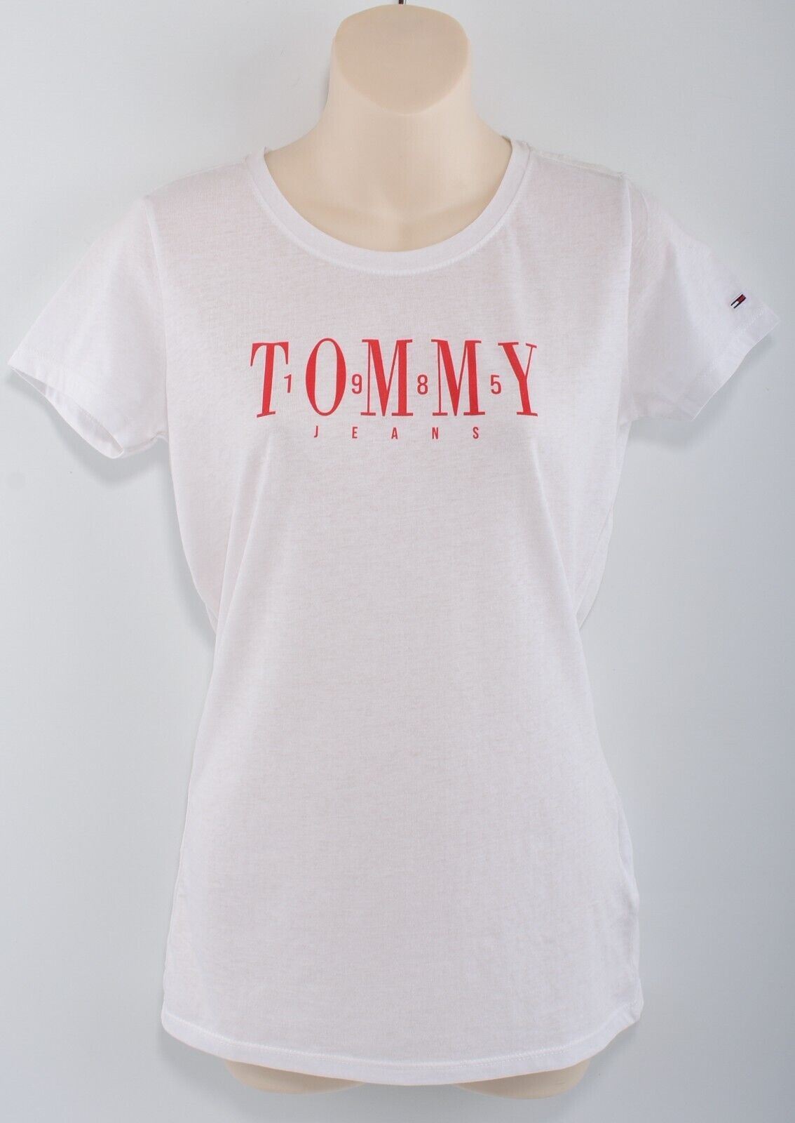 TOMMY HILFIGER Women's Casual Logo Tee, T-shirt, White/Red Logo, size M (UK 12)