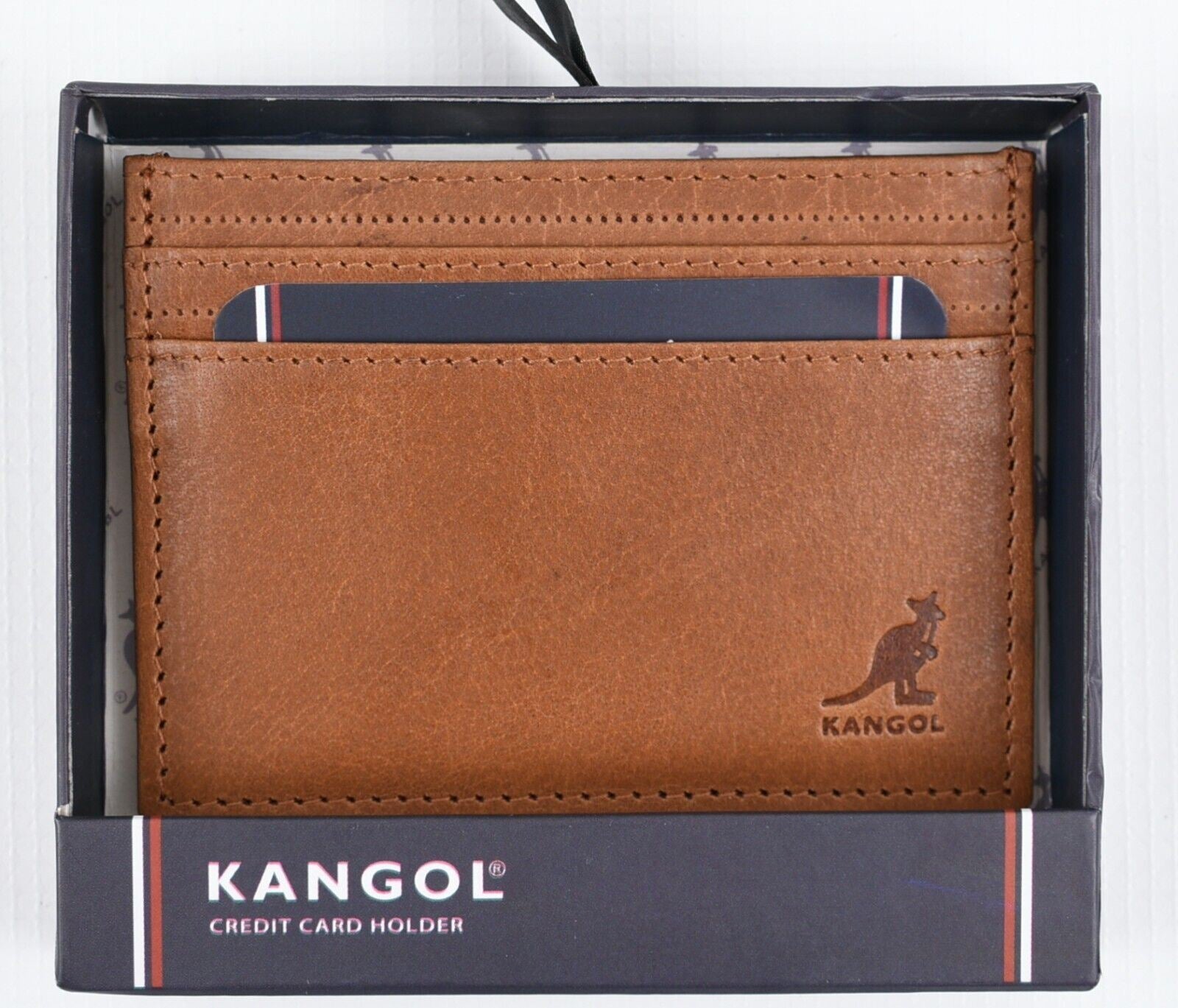 KANGOL Genuine Leather Card Holder, Cognac Brown, Gift Boxed RFID Protected