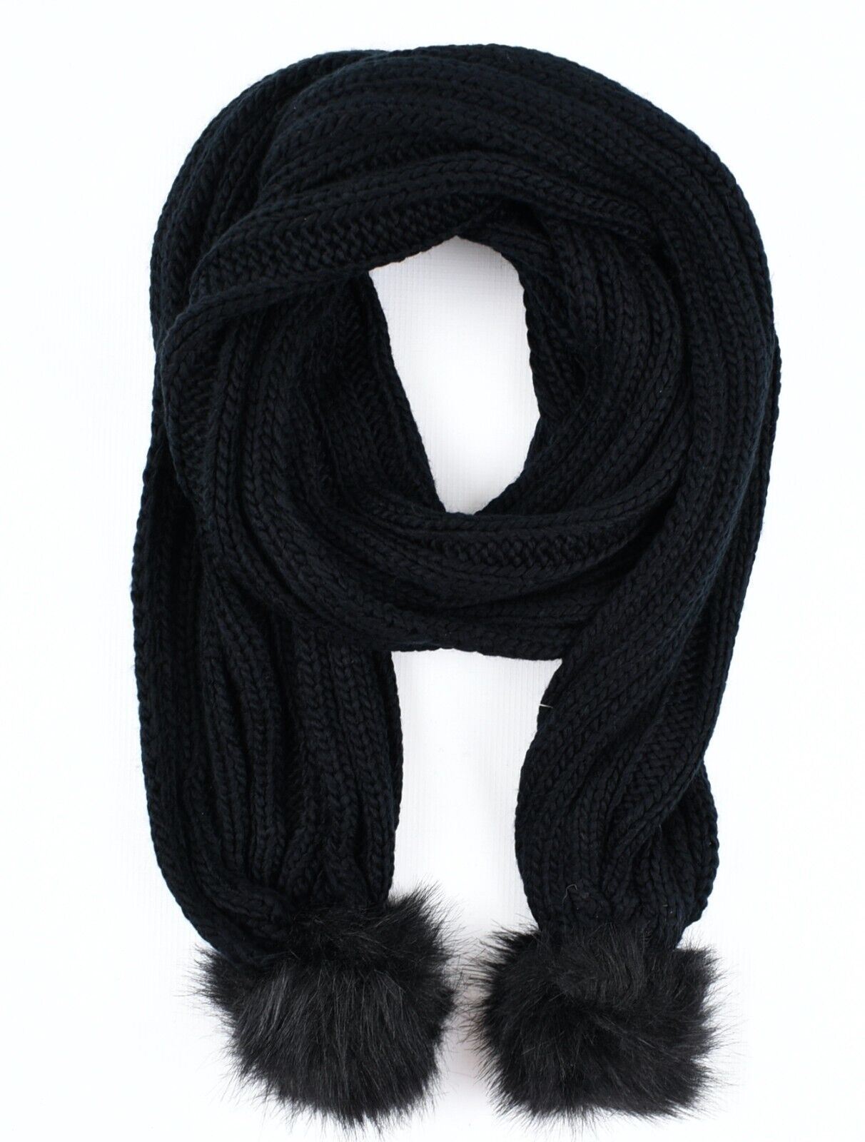 FIRETRAP Women's Cable Knit Winter Scarf with Fluffy Pom Poms, Black