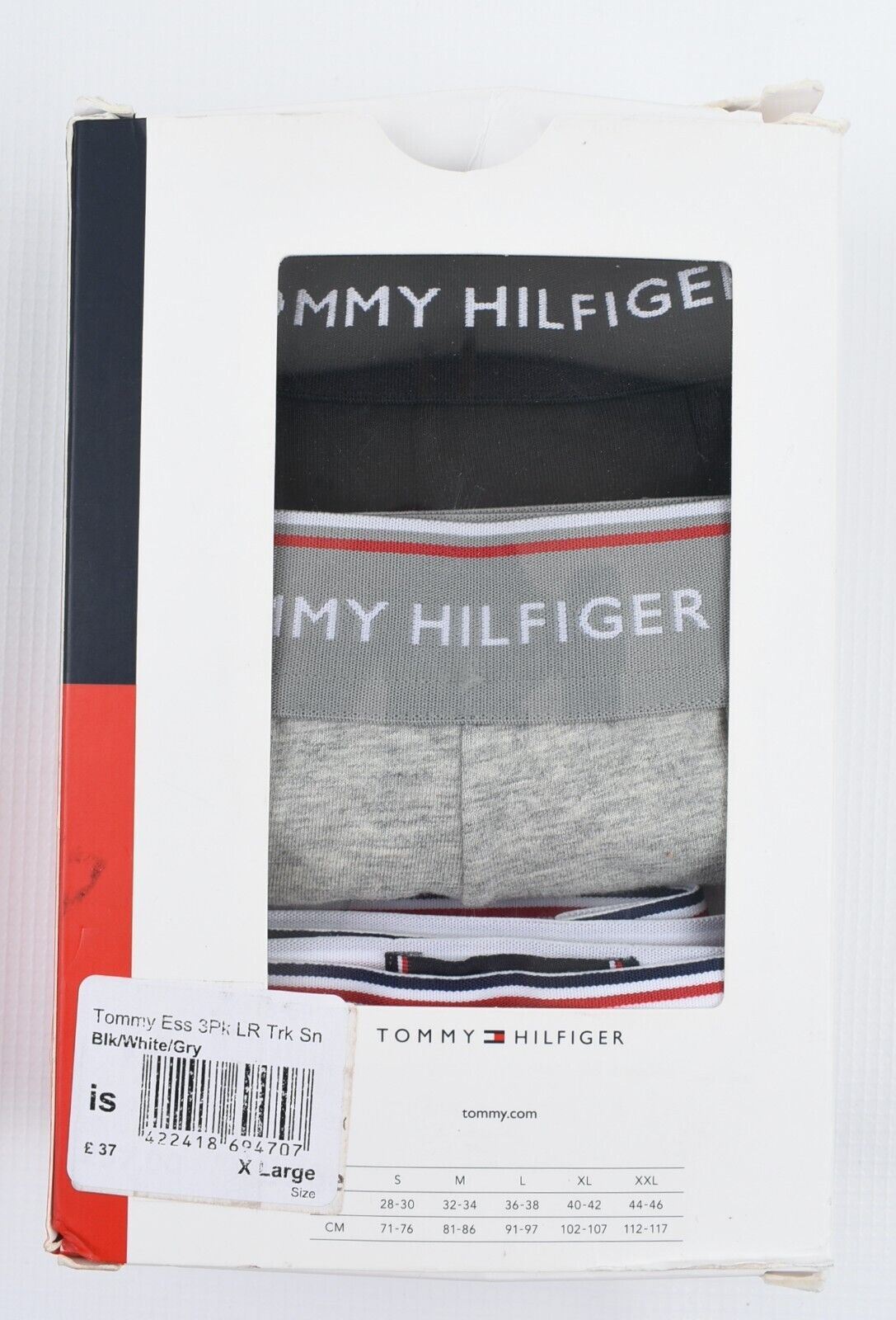 TOMMY HILFIGER Underwear: Men's 3-pk Boxer Trunks, Black/Grey/White, size XL