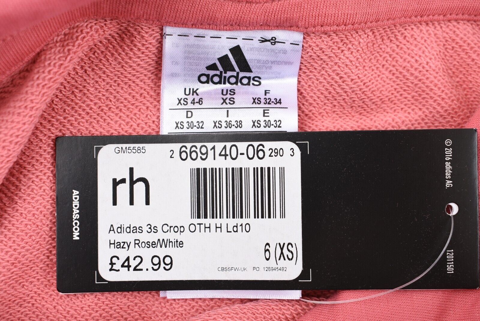 ADIDAS Women's Cropped 3 Stripe Logo Hoodie, Hazy Rose (pink), size XS /UK 4-6