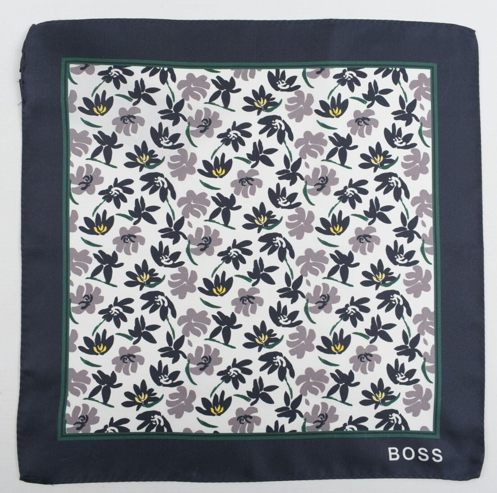 HUGO BOSS Pocket Square /Rolled Scarf  100% SILK, Blue/Ivory/Floral, 33x33cm