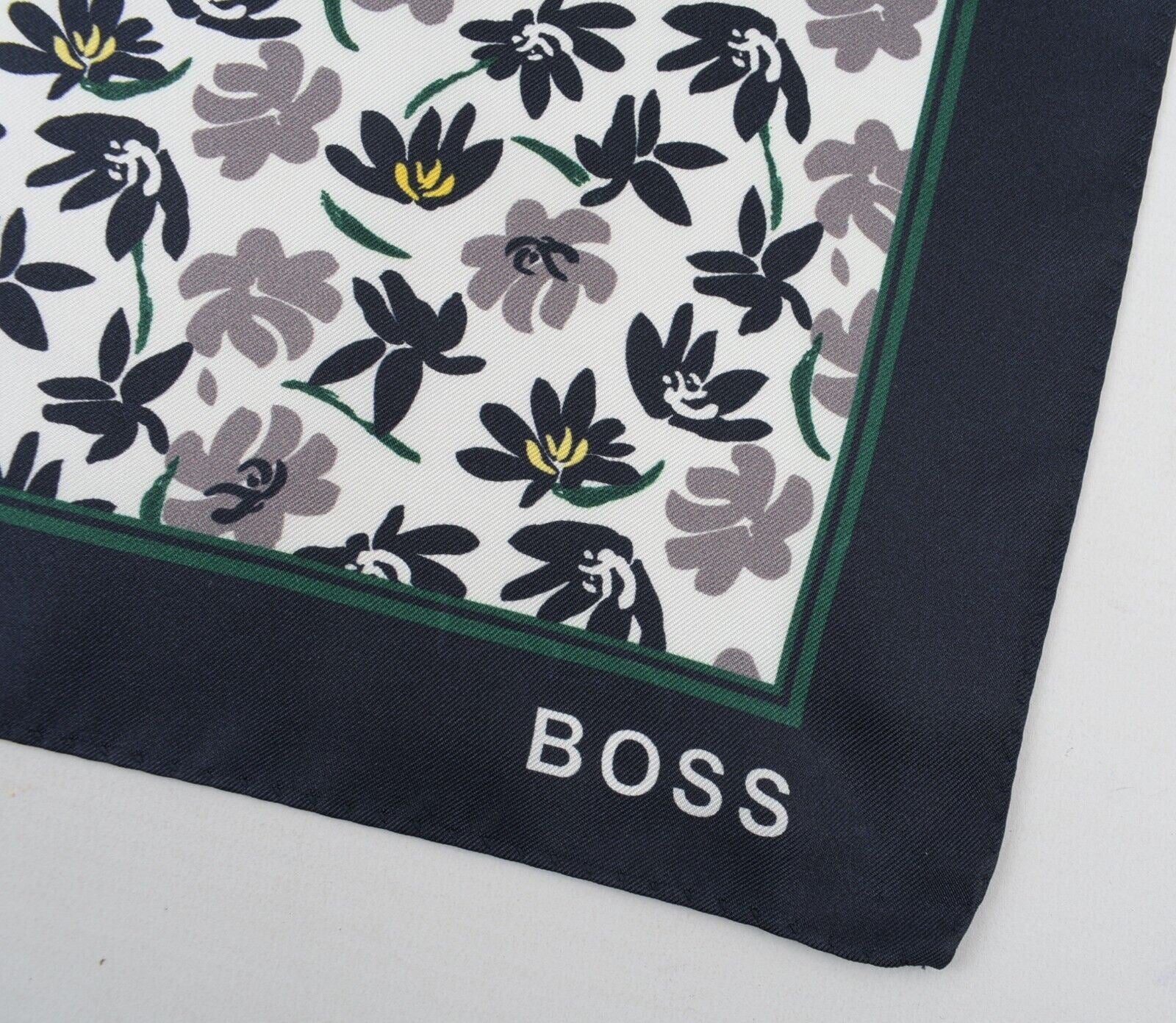 HUGO BOSS Pocket Square /Rolled Scarf  100% SILK, Blue/Ivory/Floral, 33x33cm