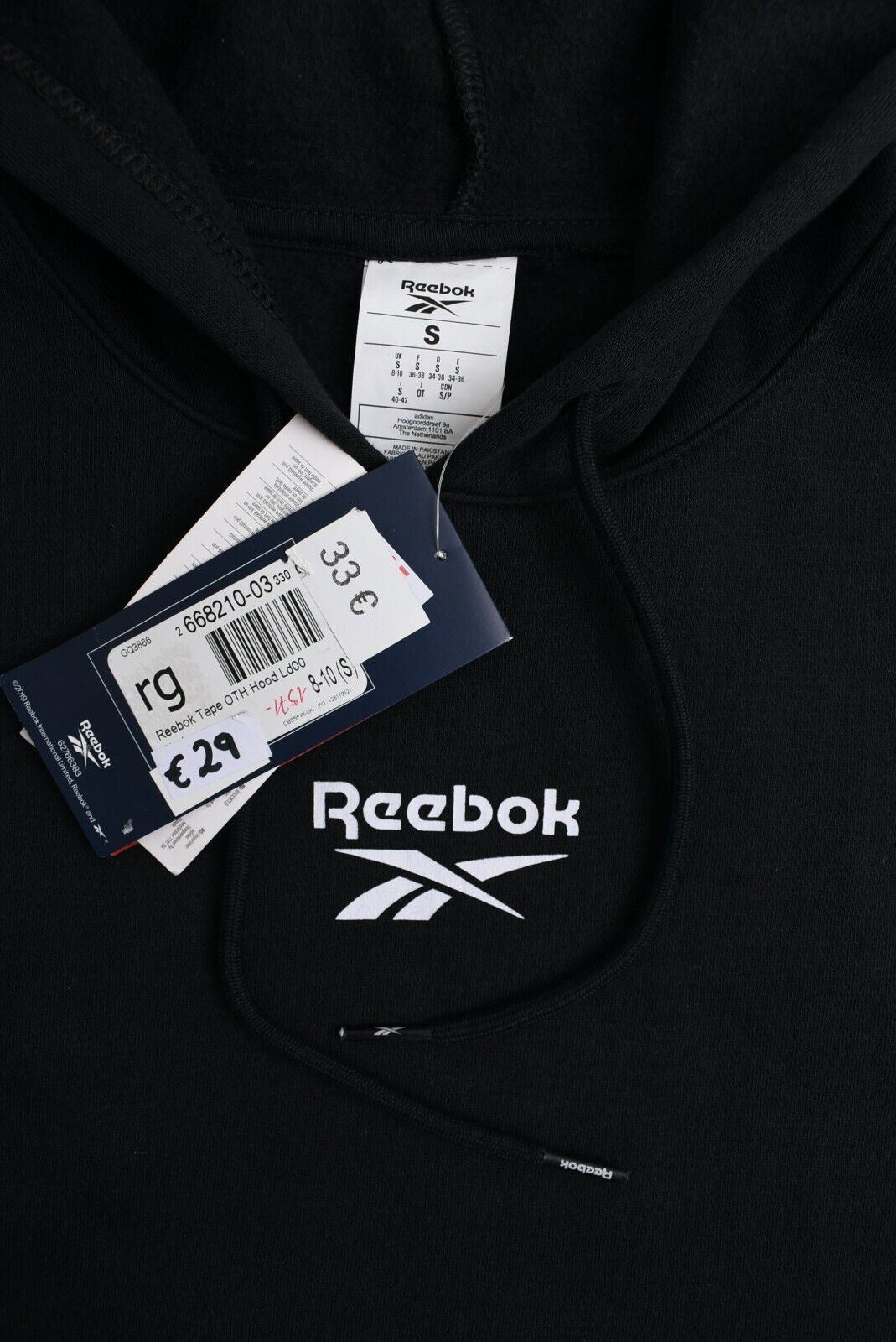 REEBOK Women's Logo Tape Hoodie, Hooded Sweatshirt, Black, size S (UK 8-10)