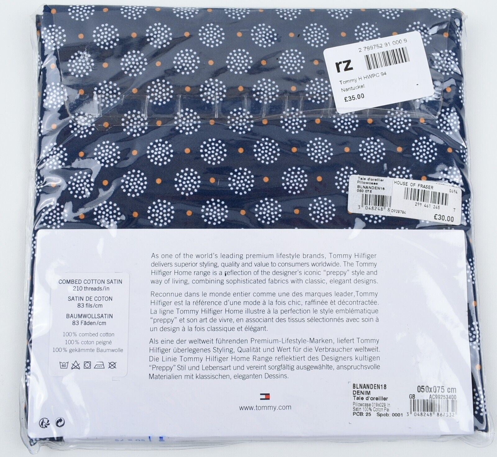 TOMMY HILFIGER Bedding: 1x Combed Cotton Pillowcase, Blue/Patterned