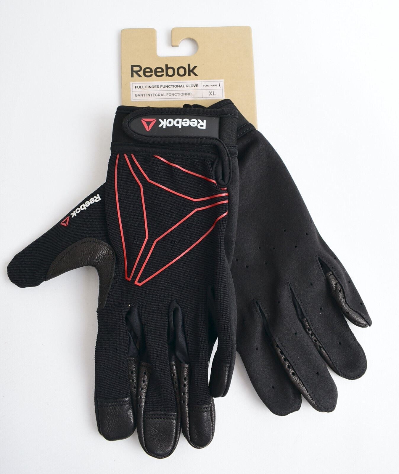 REEBOK Full Finger /Wrist Strap Functional Training Gloves, Black-Red, size XL